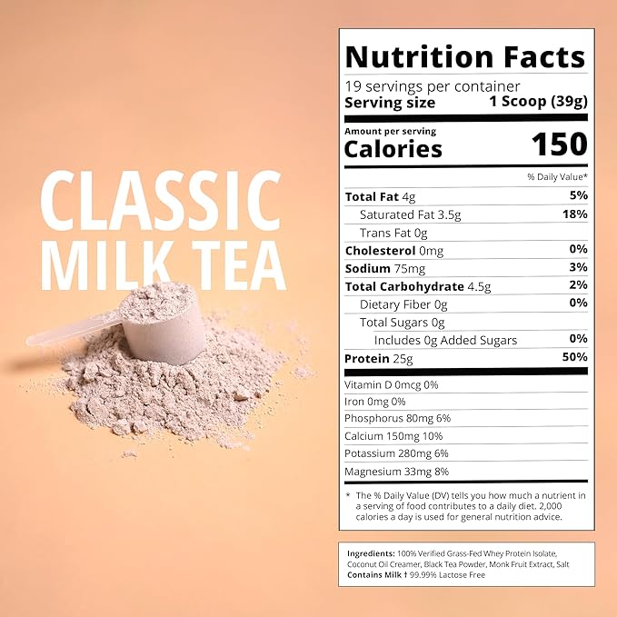 Classic Milk Tea Protein Powder | 25g Grass-Fed Whey Protein Isolate Powder | Gluten-Free & Soy-Free Bubble Tea Protein Drink | Real Ingredients & Lactose-Free | 19 Servings
