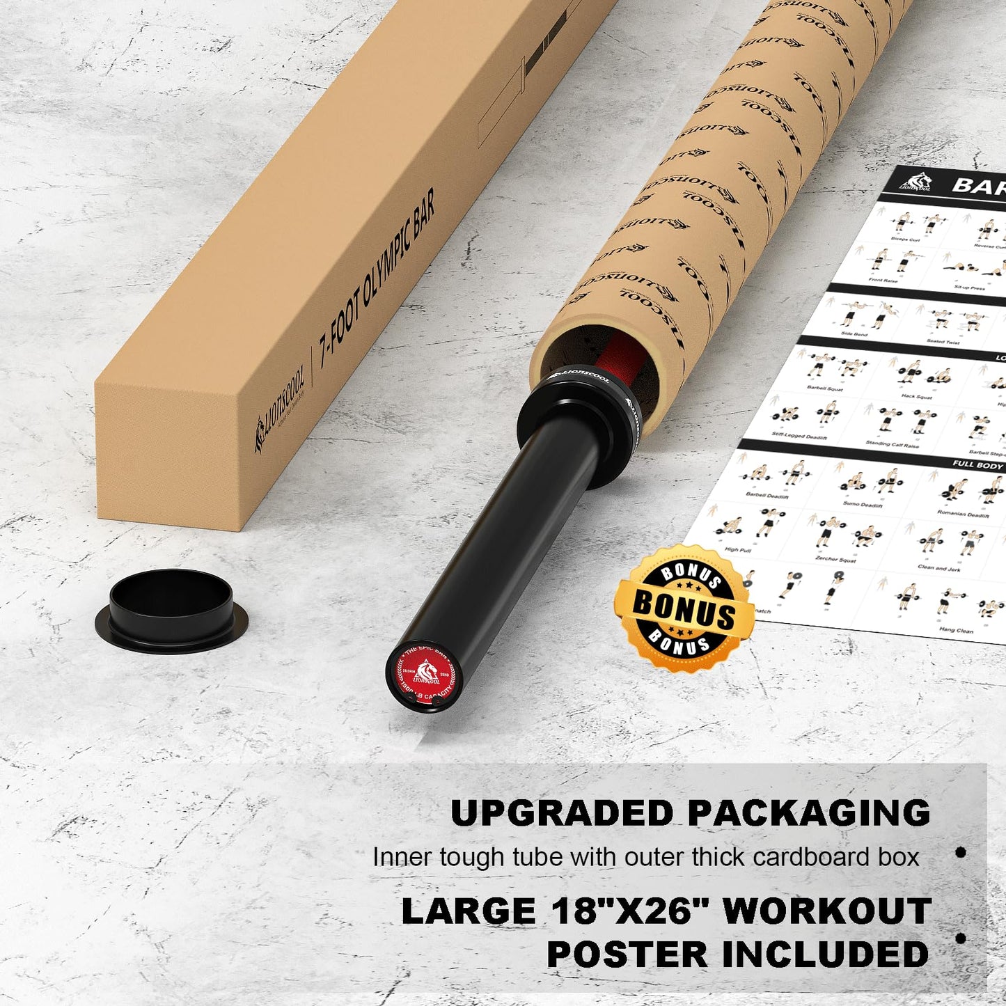 LIONSCOOL 7ft Olympic Barbell (Red Ceramic Shaft & Black E-coated Sleeves, 1500LBS, No Center Knurl)