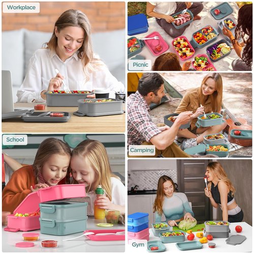 DaCool 2 Pack Adults Lunchbox Bento Box 74 OZ Stackable Lunch Box for Kids Adults Men Women Teens Leakproof Bento Large Lunch Box Container with Fork Spoon Sauce Box for School Work,Grey,Morandi-Green