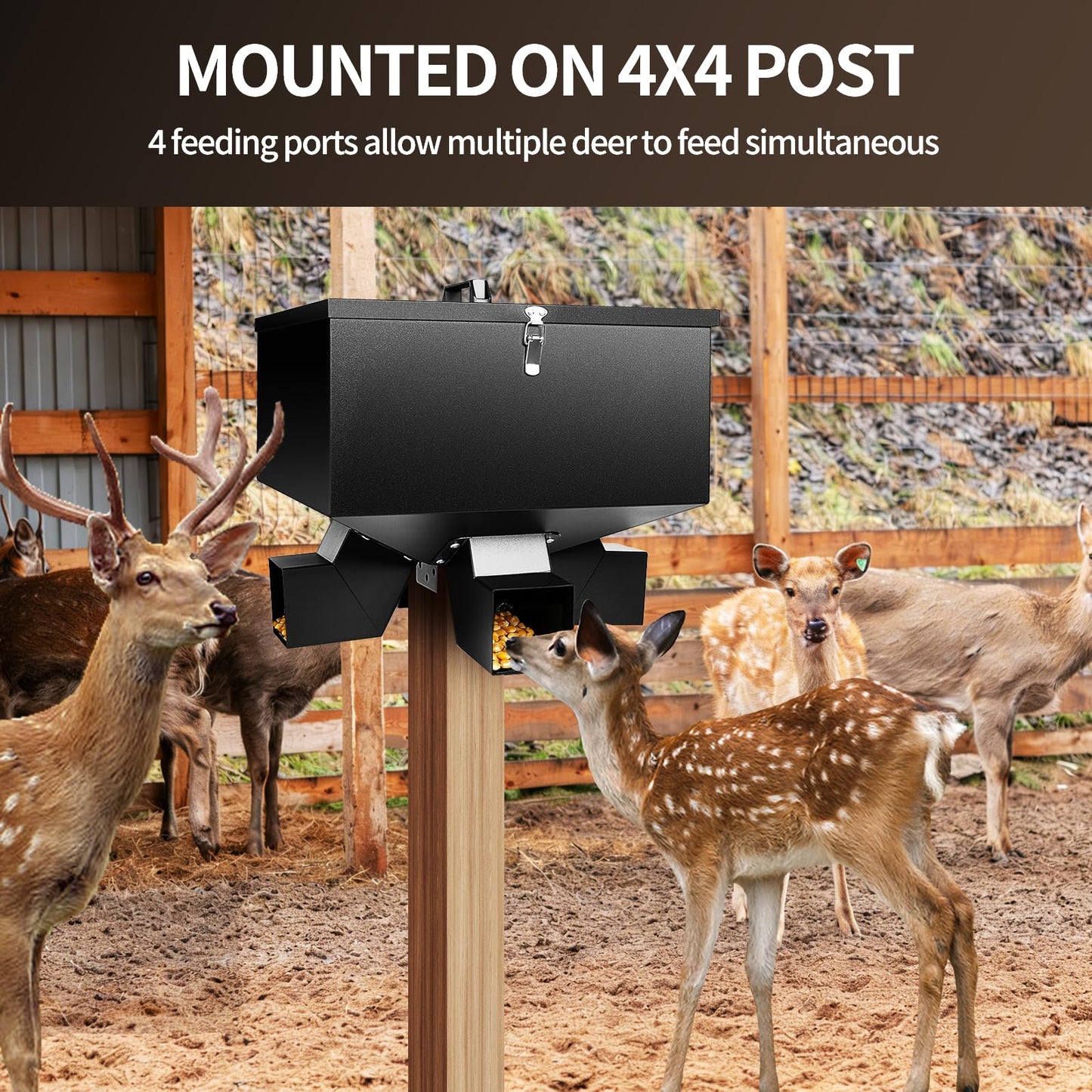 RYFT Portable 80LB Gravity Deer Feeder, Heavy Duty Galvanized Steel Wildlife Feeder with 4 Feeding Ports, Weatherproof Lockable Lid for Hunting, Backyard & Outdoor Game