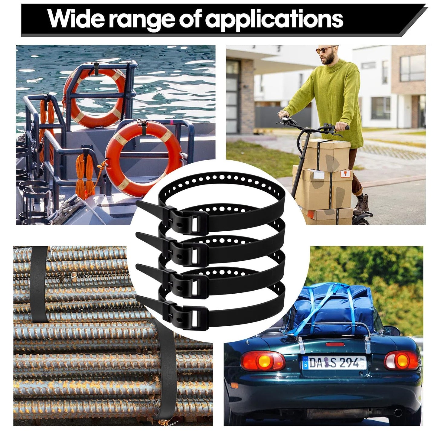 Blulu 4 Pack Reusable Industrial Straps 20" Length Reliable Tension Straps for Securing Bike Motor Gear -70 Lb. Working Load, Elastic Cable Ties for Welders Skis, Garden Hoses (Black)