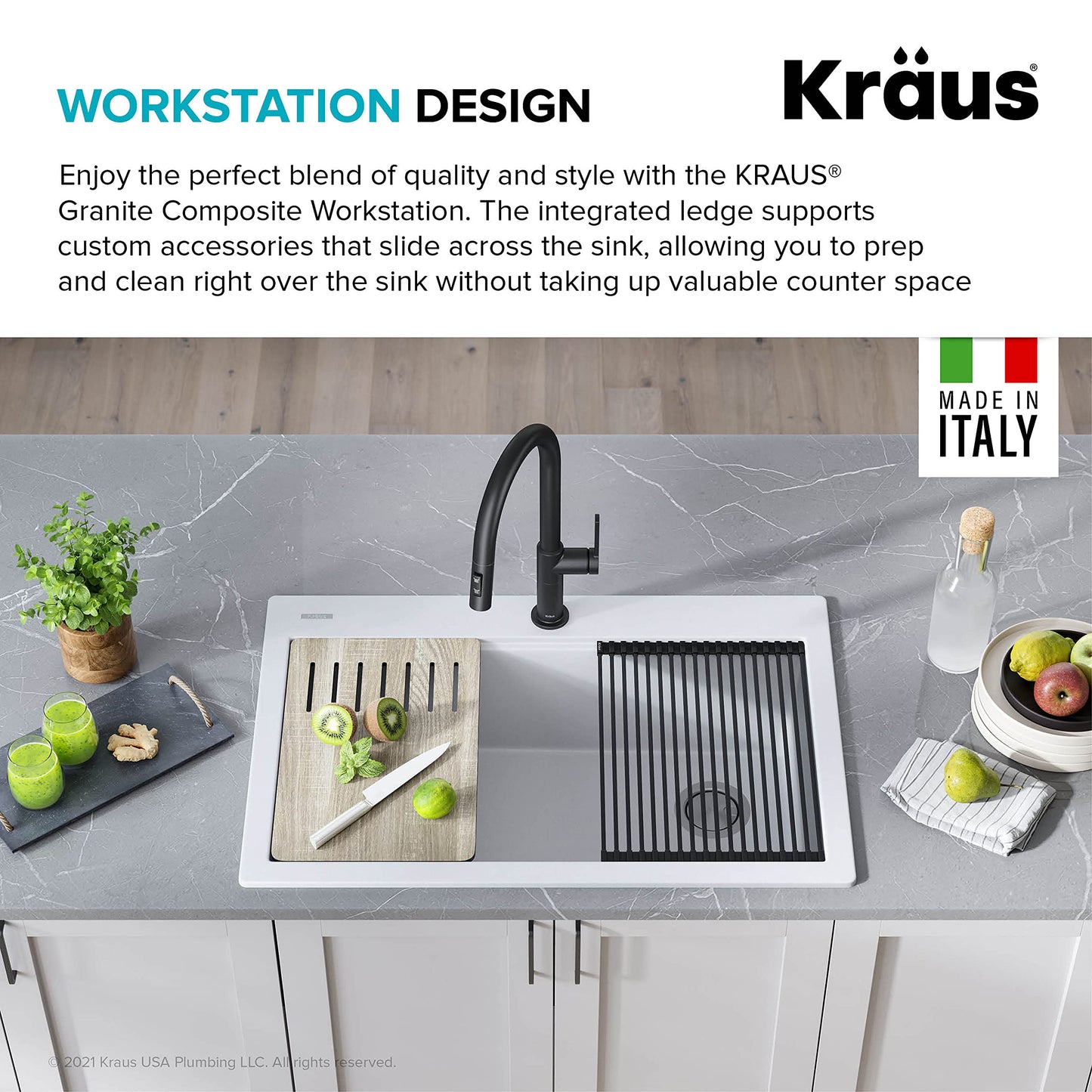 KRAUS Bellucci Workstation 33 in. Drop In Single Bowl Granite Kitchen Sink in White with Accessories, KGTW1-33WH