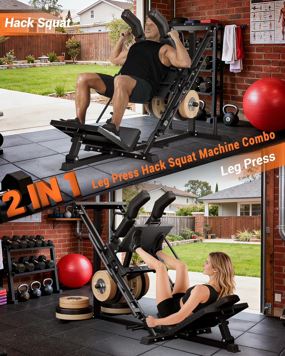 2-in-1 Leg Press & Hack Squat Machine, Linear Bearing Smooth Track, Fits 1" & 2" Weight Plates, 1200LB Capacity, 4-Position Safety Stops, Quick-Change Footplate, Plate Storage (Weights Not Included)