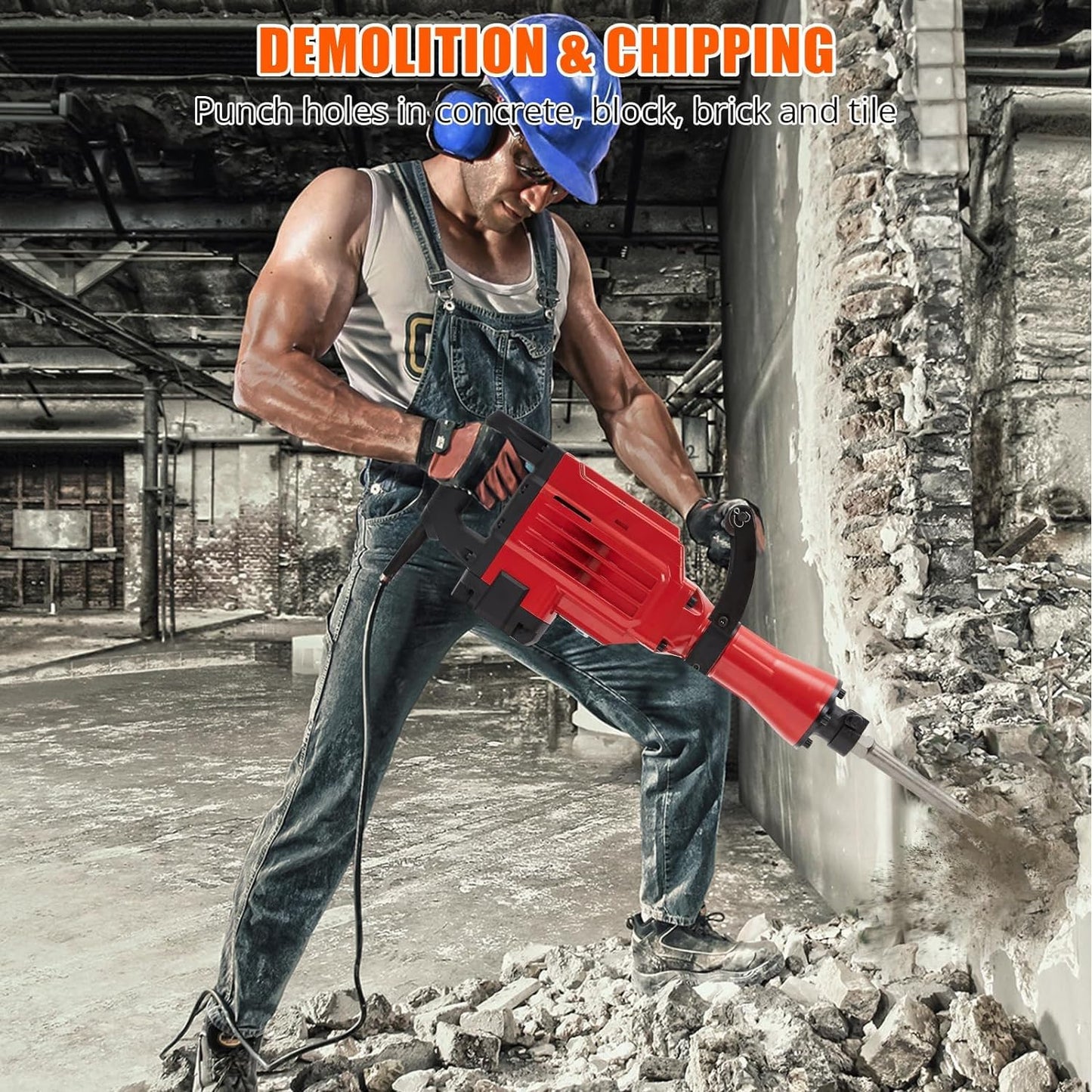 Demolition Jack Hammer 3600W 6PCS Chisels Bit Set W/Case, Jack Hammer Concrete Breaker Tool Kit, Noise-Canceling Earplug, Shoulder Strap