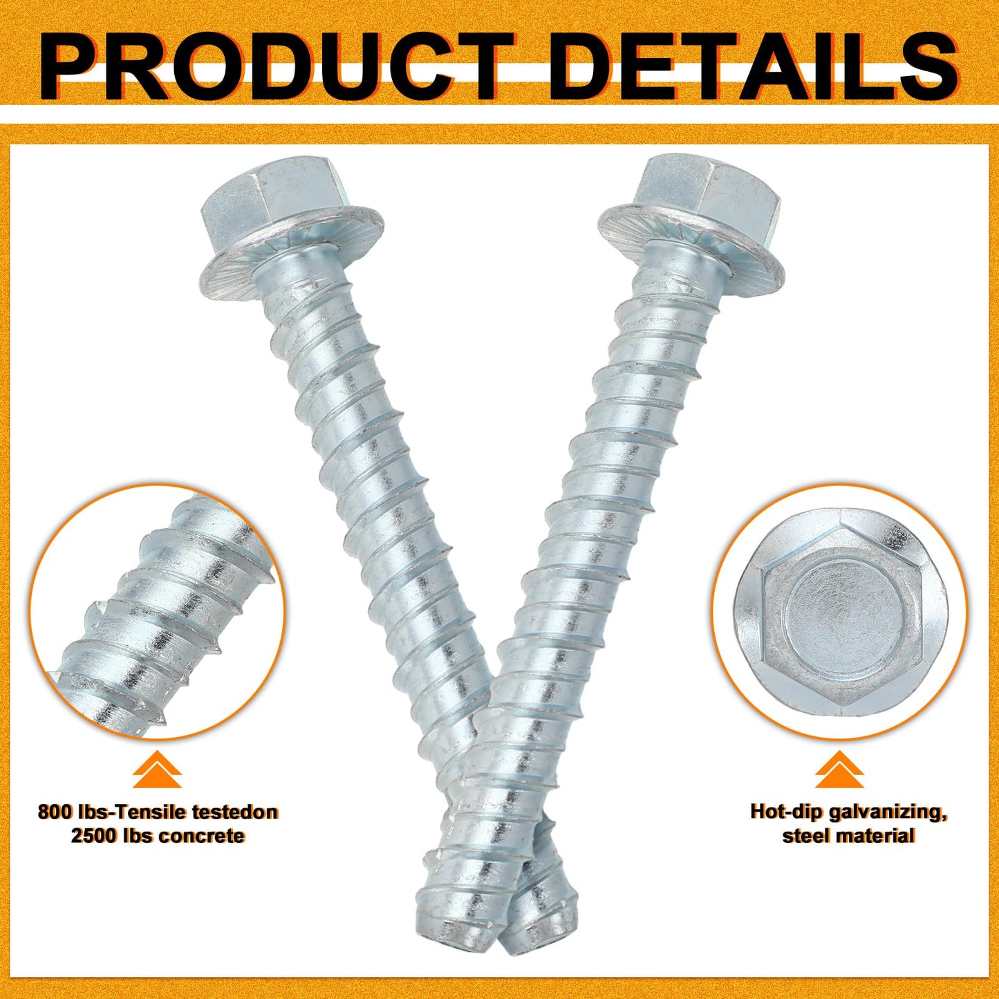 Hicarer 120 Pack 1/2" x 4" Concrete Screw for Anchoring to Masonry, Galvanized Heavy Duty Large Diameter Masonry Screws for Anchoring, Brick, Block, Decking and Framing, Hex Drive