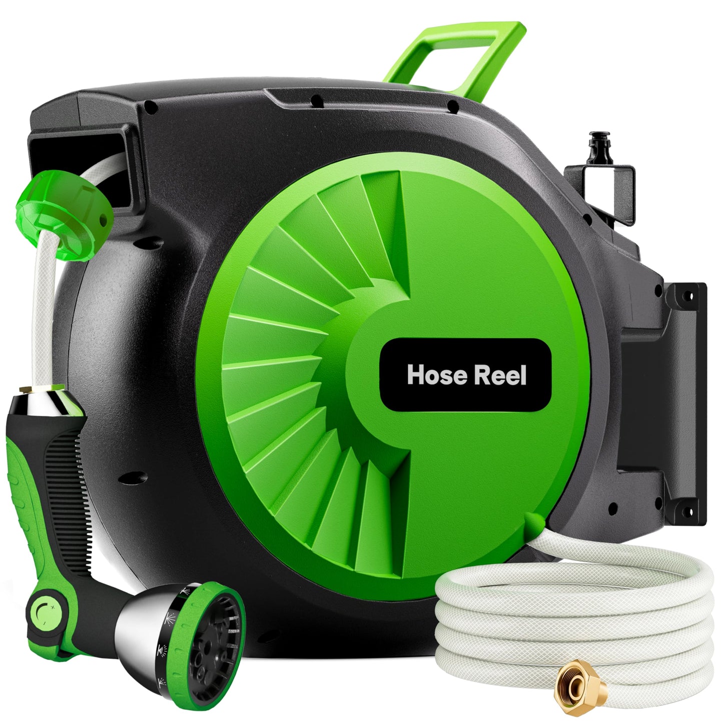 Retractable Garden Hose Reel 100FT x 1/2 in, Wall Mount Water Hose Reel for Outside with Auto Rewind, Tangle-Free Guide, 180° Swivel Bracket, Lock at Any Length, High-Pressure Flow, 10-Pattern Nozzle