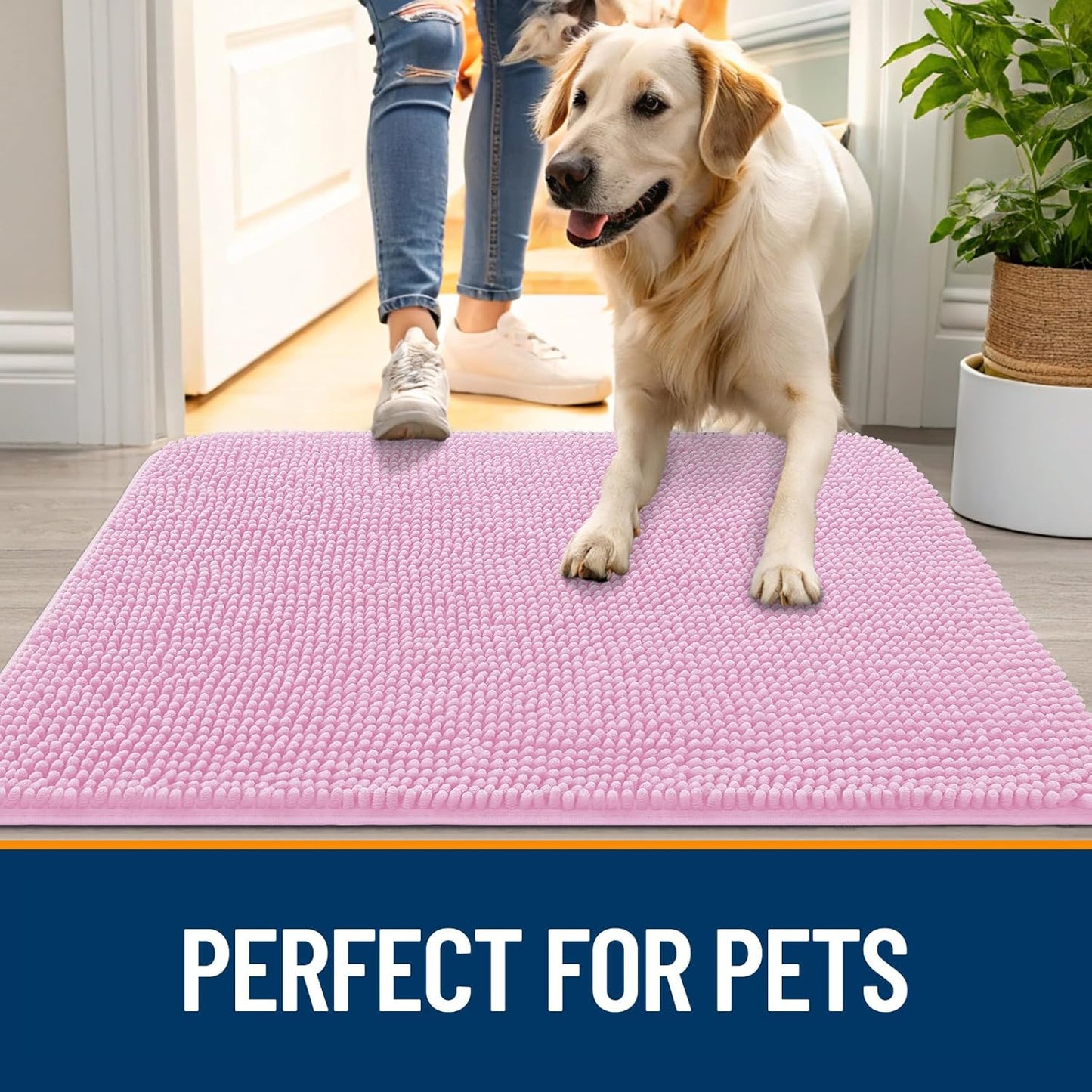 OLANLY Dog Door Mat - Absorbent Non-Slip Chenille Mat for Muddy Paws | 59x24 Inches, Pink