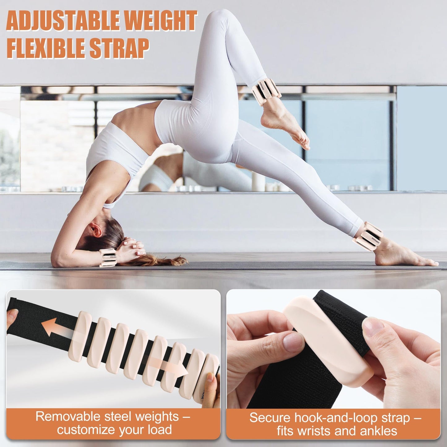 INDEPANDIA Wrist & Ankle Weights for Women and Men, 2lbs Pair Adjustable Silicone Weighted Bangles for Arm & Leg Workouts, Perfect for Pilates, Yoga, Walking & Home Fitness Training Blush Beige