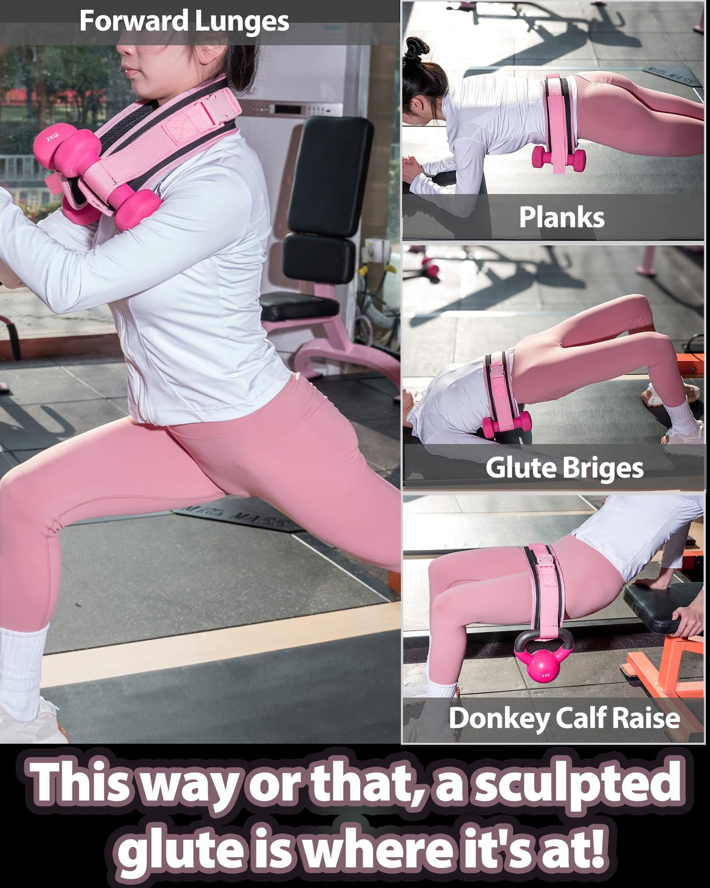 Hip Thrust Belt for Weights and Ankle Resistance Bands with Cuffs for Working Out,Hip Thrust Belt for Dumbbells Heavy, Kettlebells, Plates,Hip,Leg and Booty Builder, Glute Bridge Band (Pink)