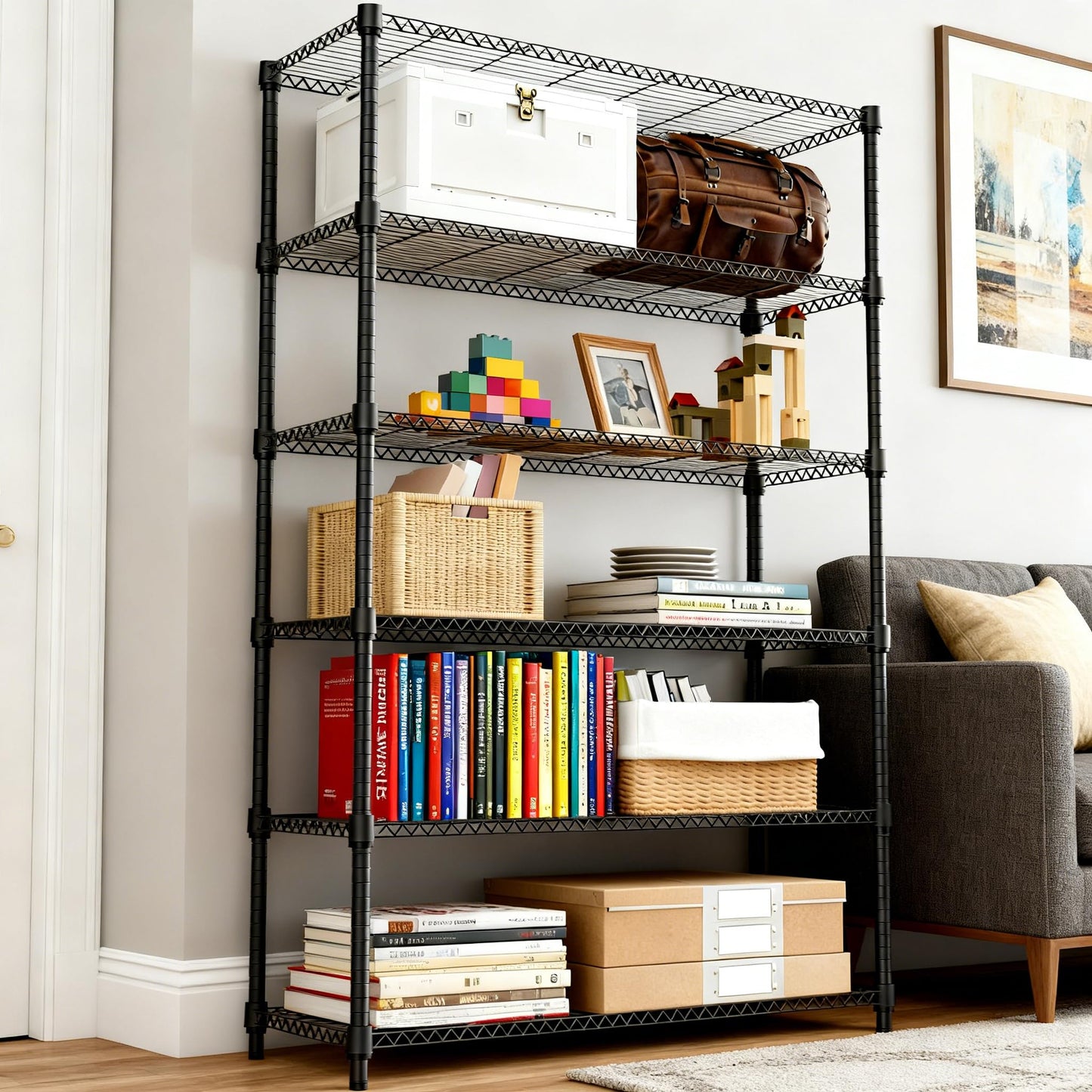 M MZG 2100LBS 47.2" W 6 Tiers Shelf Storage Shelves Metal Shelving Unit Heavy Duty Garage Shelving Adjustable Wire Shelves for Pantry,Kitchen,Garage,Basement,Black 17.7" D x 47.2" W x 82.4" H