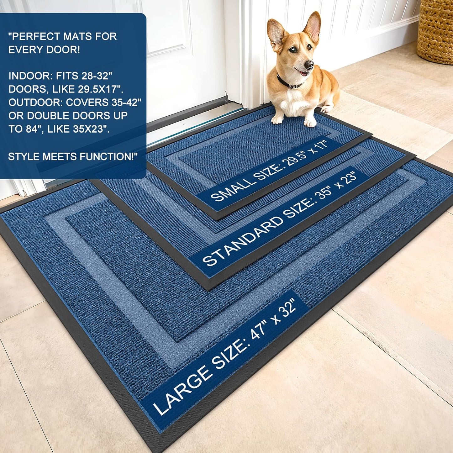 OLANLY Waterproof Front Door Mat - All-Season Indoor/Outdoor Doormat | Sturdy Rubber, Easy Clean, 35x23, Light Blue