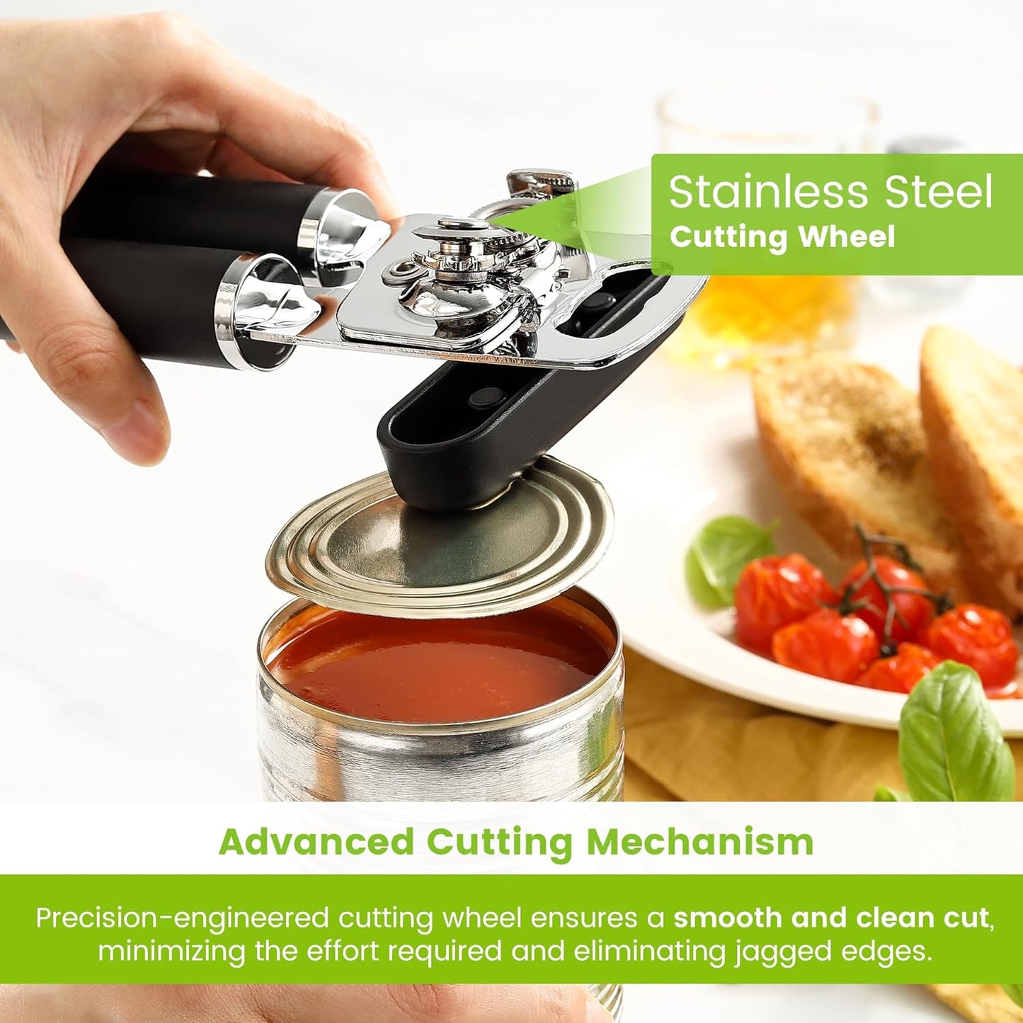 Spring Chef Stainless Steel Can Opener - Heavy Duty Manual with Soft Grip Handles & Magnetic Lid Remover - Black