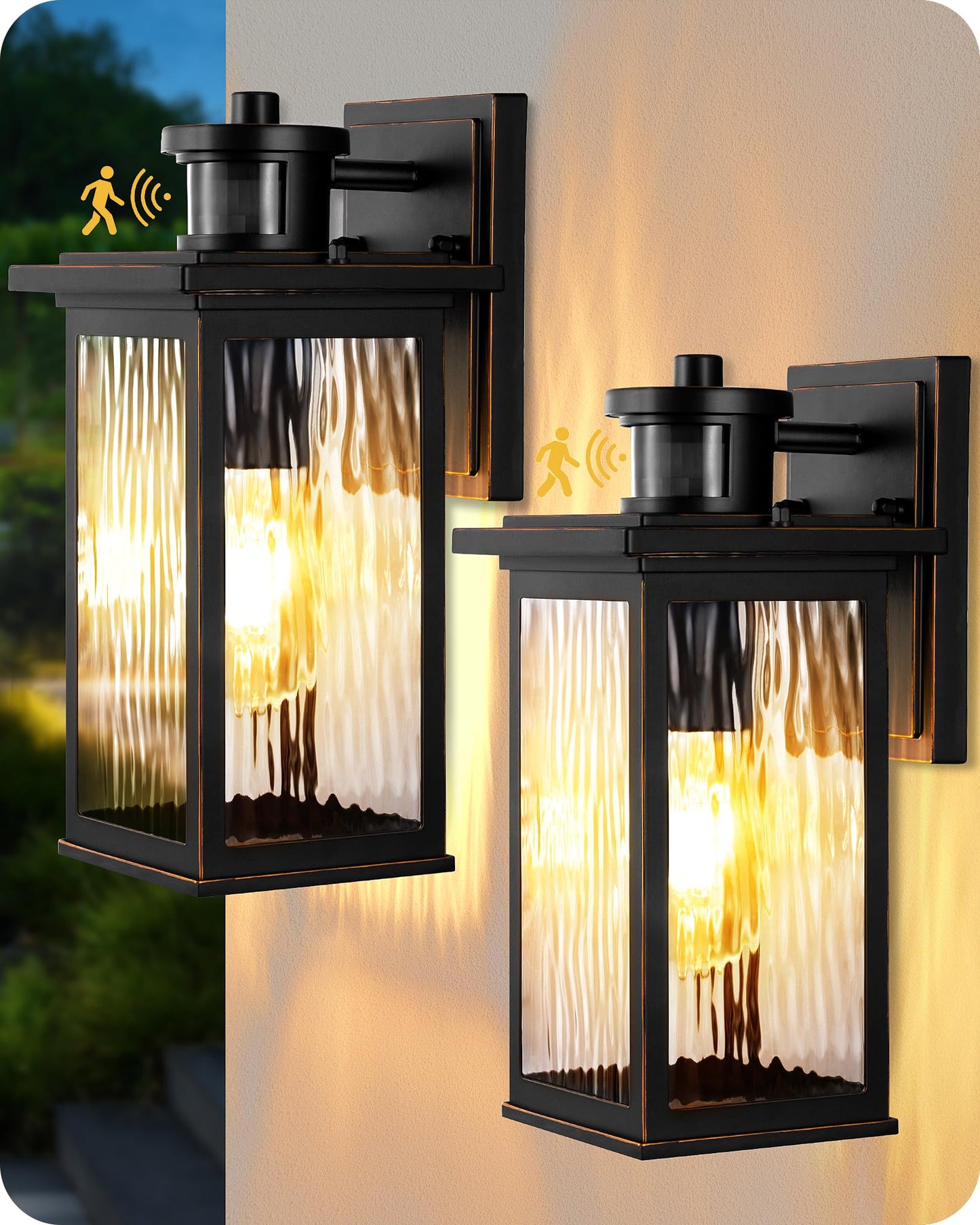 EDISHINE Motion Sensor Outdoor Light Fixtures, Dusk to Dawn, Waterproof Wall Lights, Black and Gold, Model HOWL07, 2 Pack