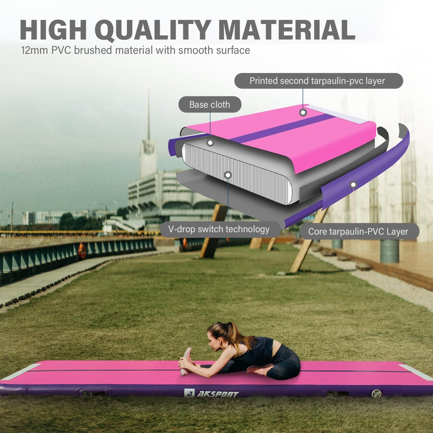 AKSPORT Air Mat Tumble Track Gymnastics Tumbling Mat Inflatable Floor Mats With Electric Air Pump for Home Use/Tumble/Gym/Training/Cheerleading/Parkour/Beach/Park/Water (Fuchsia, 9.84ft)