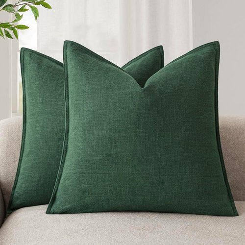 Foindtower Decorative Linen Throw Pillow Covers - Soft Euro Cushion Cases for Farmhouse Decor | 16 x 16 Inch Pine Green (Set of 2)