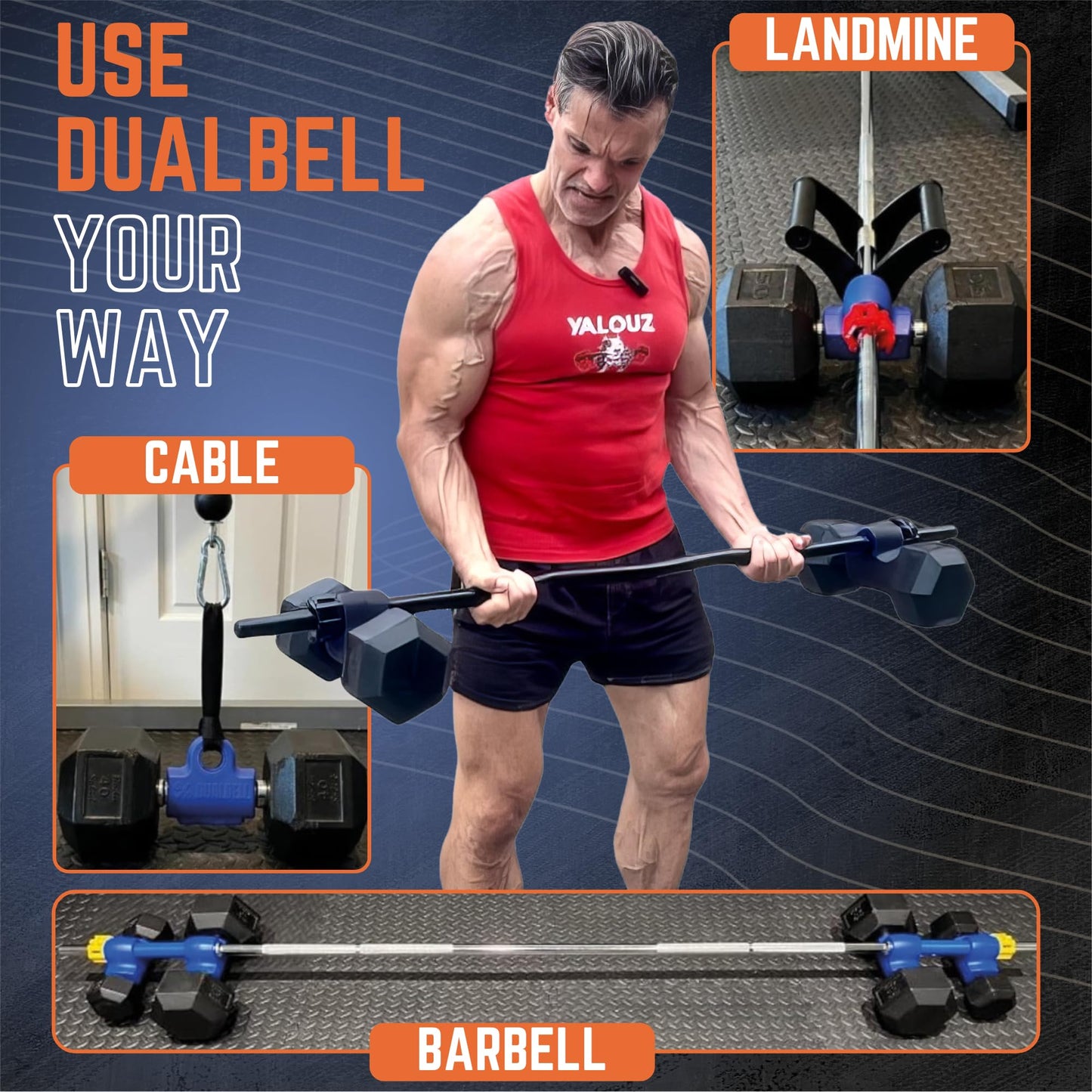 Blue DUALBELL Superset for 1” bar and black weight collars- Home gym dumbbell to barbell adapters - Connect Dumbbells to 1” standard diameter bar to replace weight plates- holds up to 100lb dumbbell