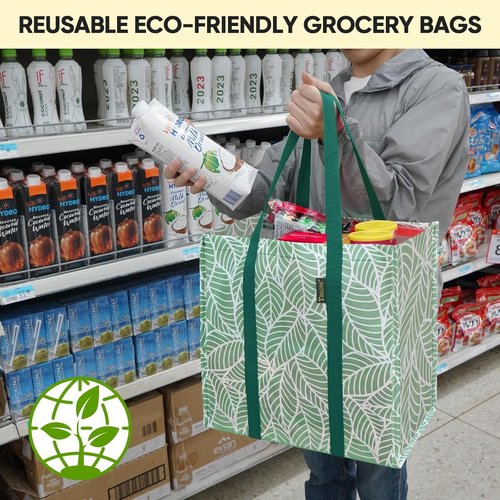 BALEINE Reusable Grocery Bags - Heavy Duty Foldable Tote with Reinforced Bottom | Antique Foliage - 4 Pack