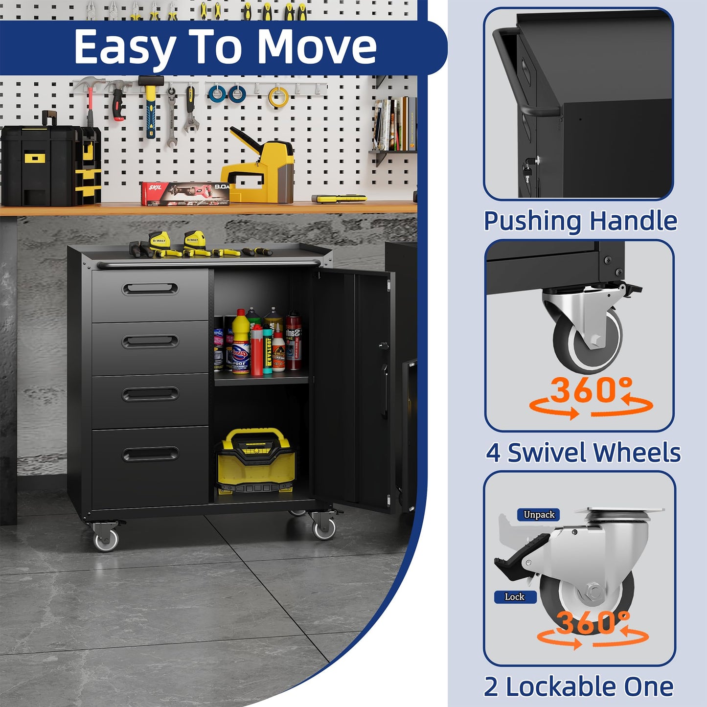 VIYET 2-Pack Rolling Garage Tool Cabinet,Heavy Duty Steel Rolling Tool Chest with Lockable Doors & Adjustable Shelves,Mobile Workshop Storage Cart for Garage Organization,Black