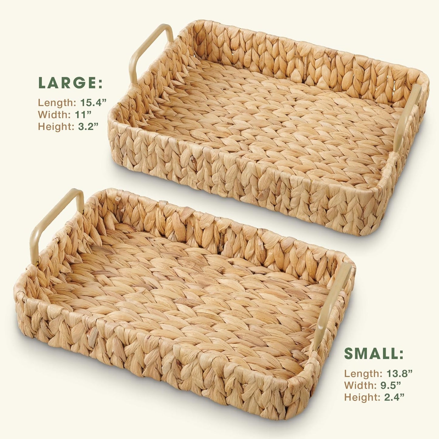 WickerCraft | Set of 2 Rectangular Wicker Trays with Handles - Stylish Decorative Trays for Home (Natural)