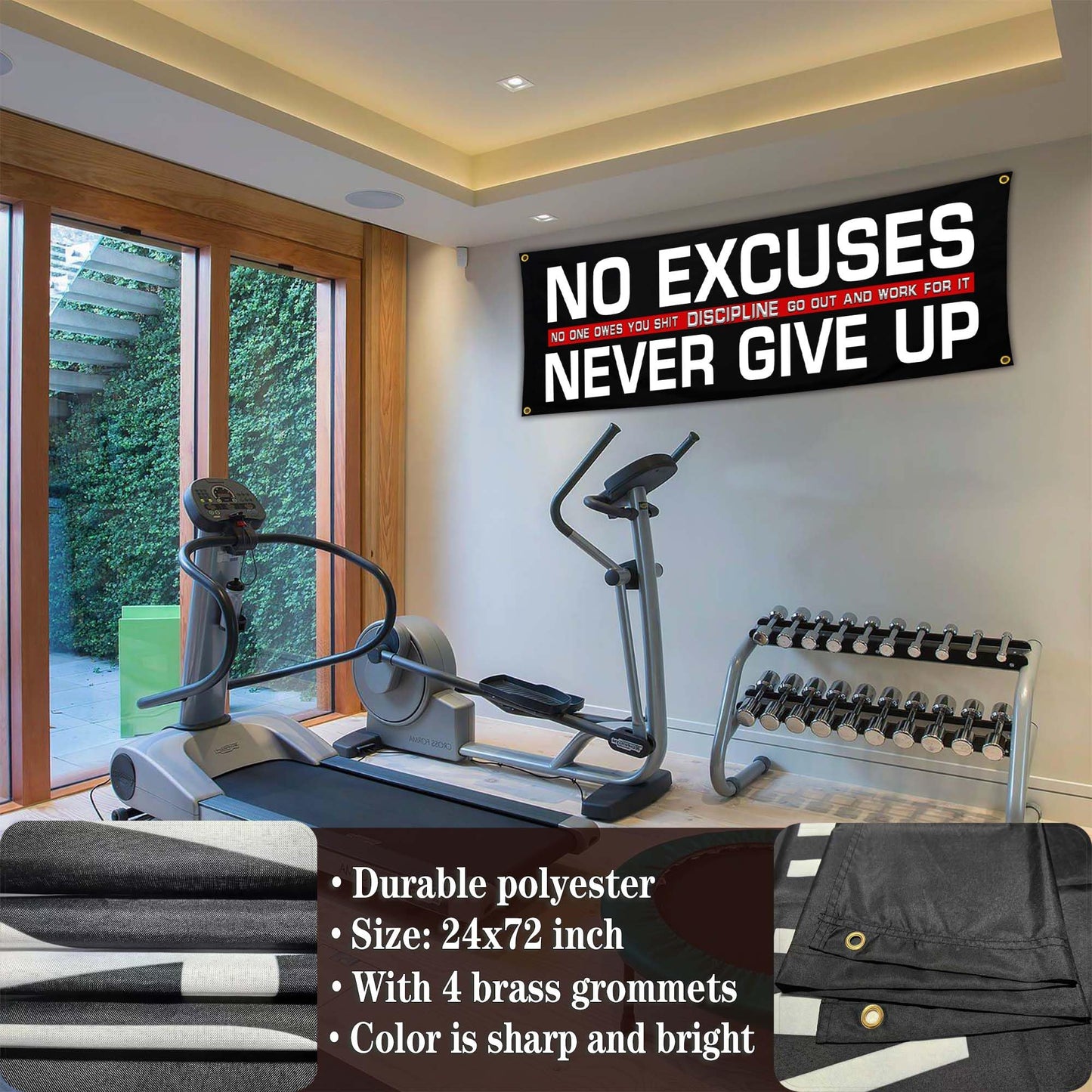 Bomtas Motivational Gym Posters Banners Flags for Home Gym Room Guys Office Bedroom No Excuses Never Give Up Inspirational Flag Banner 24x72 Inch Motivation Wall Art Decor