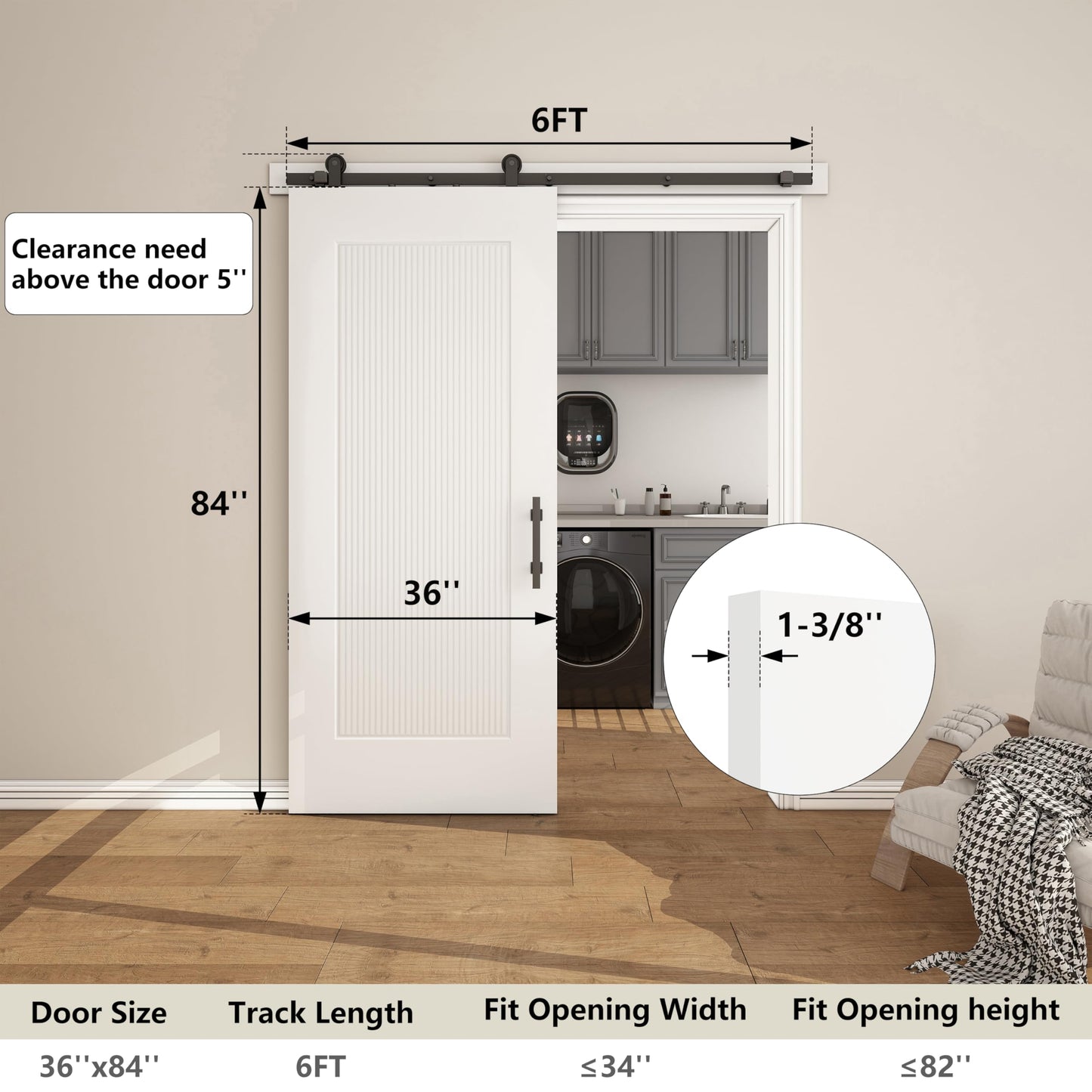 JUBEST 36''x84'' Sliding Barn Door, 1 Panel Reeded White Primed Sliding Closet Door with Matte Black 6FT Hardware Kit, Hollow Core Interior Door, Pre-Assembled Panel, Durable & Sturdy