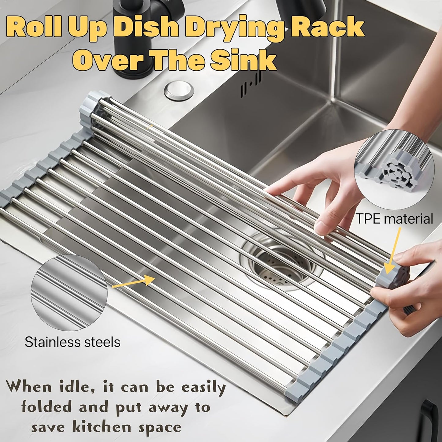 Skiennix Roll Up Dish Drying Rack - Foldable Stainless Steel Kitchen Rack | 17.7" x 11.8" (Grey)