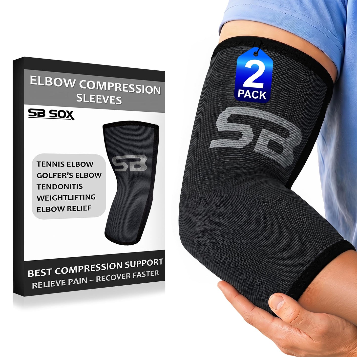 SB SOX Compression Elbow Brace (Pair) – Great Support That Stays in Place – for Tennis Elbow, Tendonitis, Arthritis, Golfers Elbow – Perfect for Weightlifting, Sports, Any Use (Black/Gray, Large)