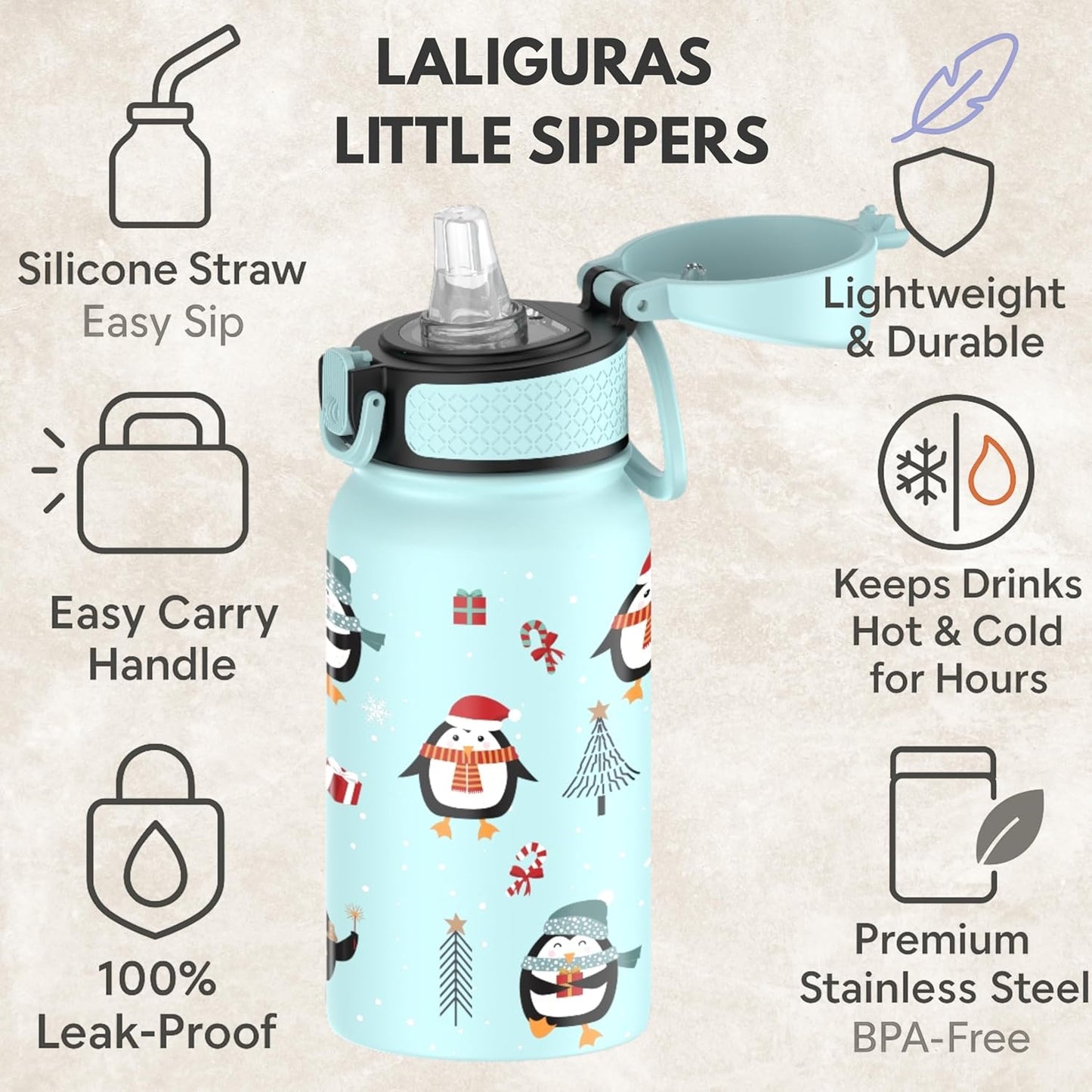 Skiennix Kids Stainless Steel Water Bottle - 12 oz Insulated Thermos with Straw Lid | Leakproof BPA-Free (Light Blue Arctic Pals)