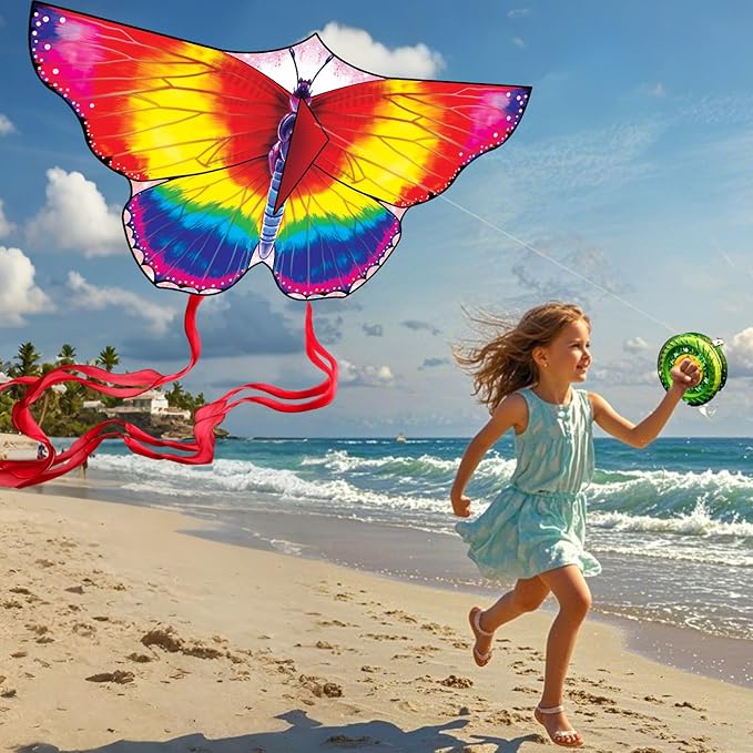 Large Butterfly Kite for Kids & Adults, 55" x 28" Easy to Fly Single Line Kite for Kids Ages 4-8, 8-12, Comes with 300 FT Kite String Handle