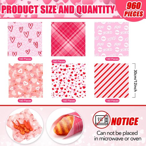 Harloon 960 Pcs Mother's Day Wax Paper Sheets Sandwich 12 x 12 Inch Pink Parchment Paper for Valentine's Day Best Mom Wedding Birthday Party Baking Wrapping Tissue Food Basket Liner
