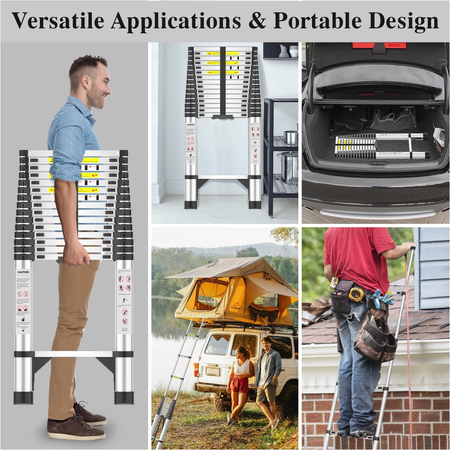 Telescoping Ladder, 20.3 FT Aluminum Extendable Ladder, 330 Lbs Capacity, Collapsible Folding Ladder for House, Roof, RV & Travel Trailer (Silver)