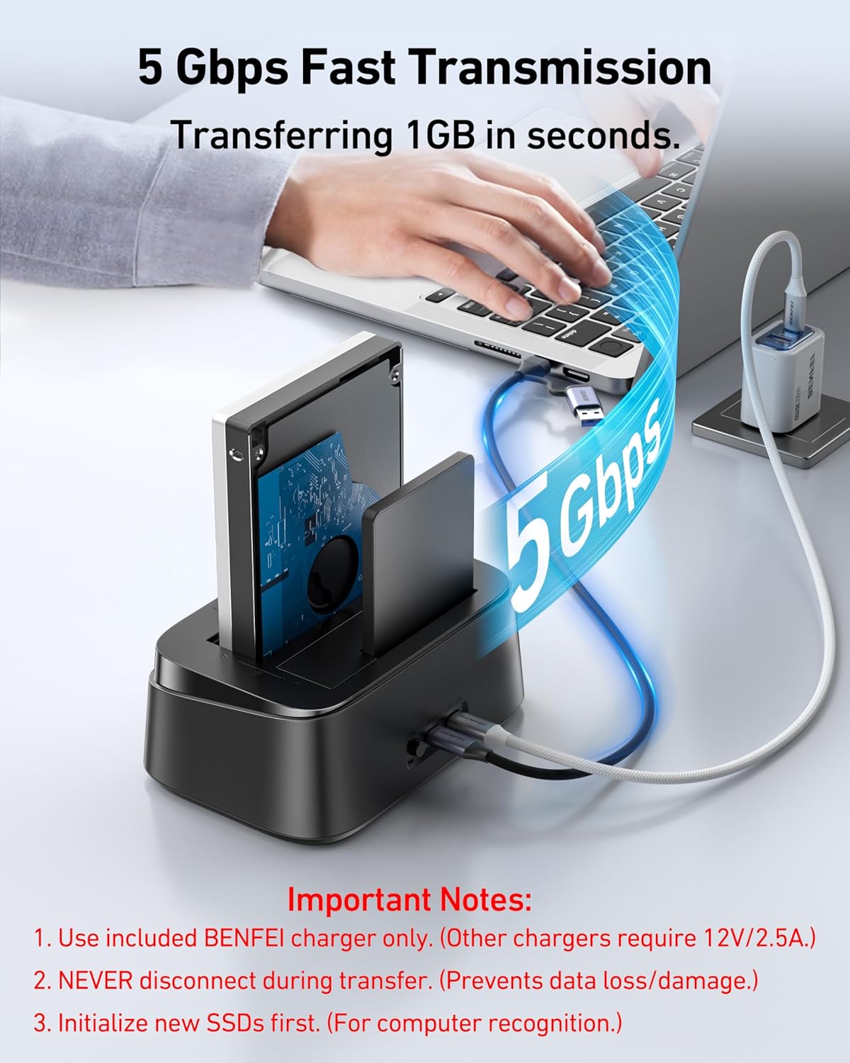 BENFEI 2.5/3.5" 5Gbps Hard Drive Docking Station with UASP Offline Clone Function, USB C Dual Bay Dock for HDD SSD, Up