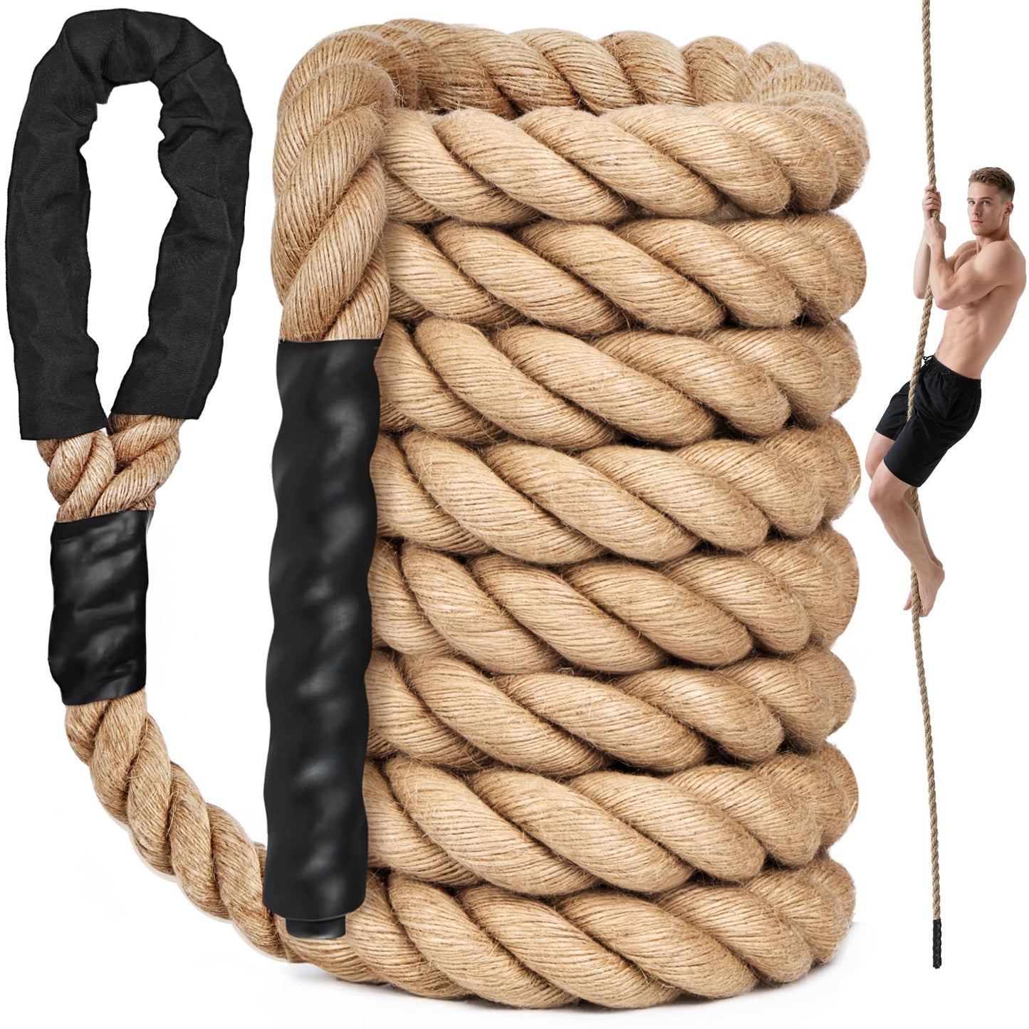 XBEN 1.5 Inch Jute Climbing Rope 20FT - 550 LBS Heavy Duty Workout Rope for Gym, Fitness, Tree Swing, Obstacle Course, Heat-Shrink Caps & Natural Non-Slip Grip