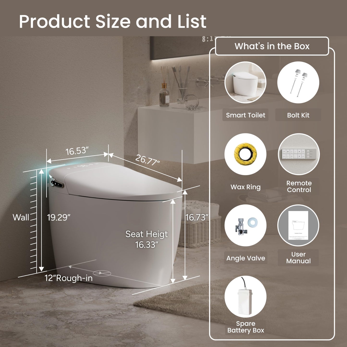 Bybarenova Smart Toilet with Bidet Built in, Tankless Elongated Smart Toilet, Auto Flush, Warm Water and Dryer, Soft Close Heated Seat, Digital Display, 12'' Rough-in