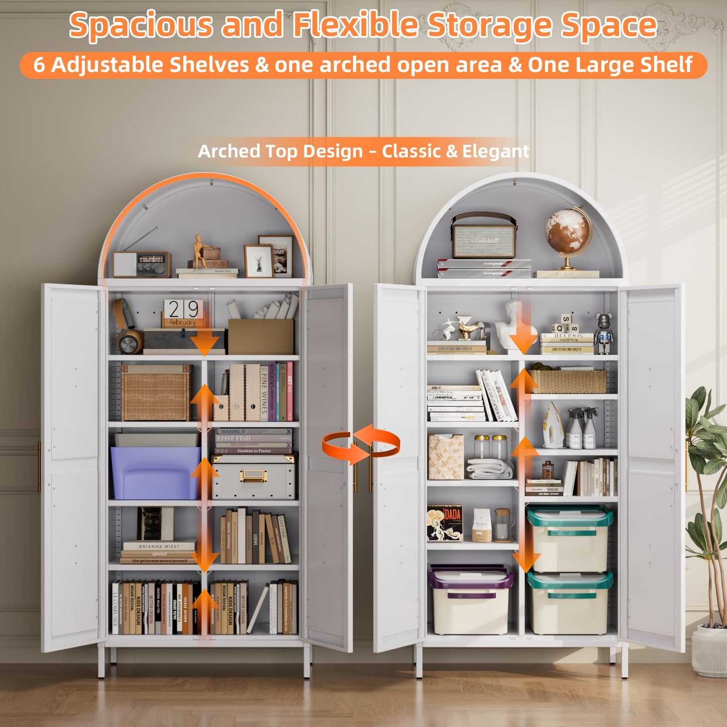 JAORD Arched Kitchen Pantry Cabinet with 6 Adjustable Shelves, Metal White Arched Cabinet with 2 Doors for Kitchen,Living Room, Assemble Required,15.4" D x 30.7" W x 72.8" H