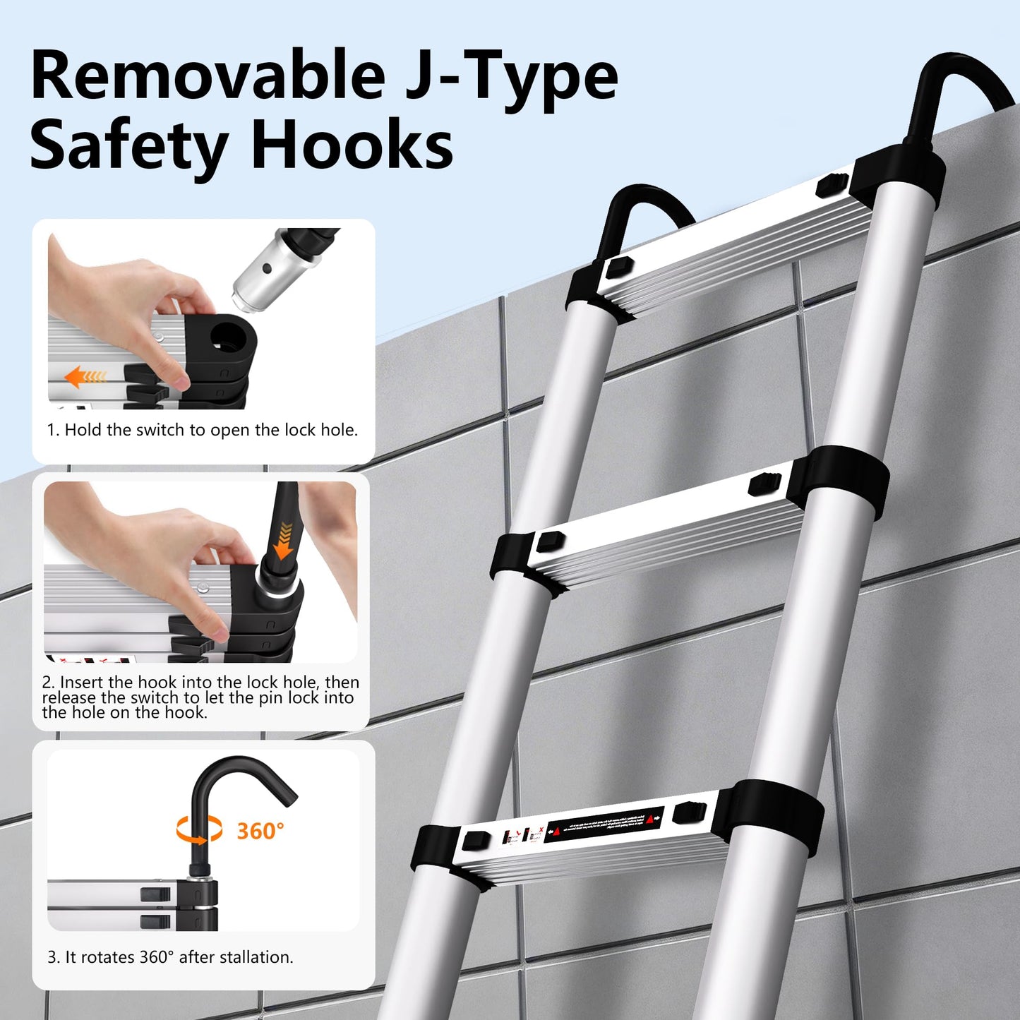 Telescoping Ladder 14.5 FT Stainless Steel Extension Ladder with 2 Detachable Hooks, Portable Multi-Purpose Collapsible Telescope Ladder for Home,RV,Outdoor Work,330lbs Max Capacity