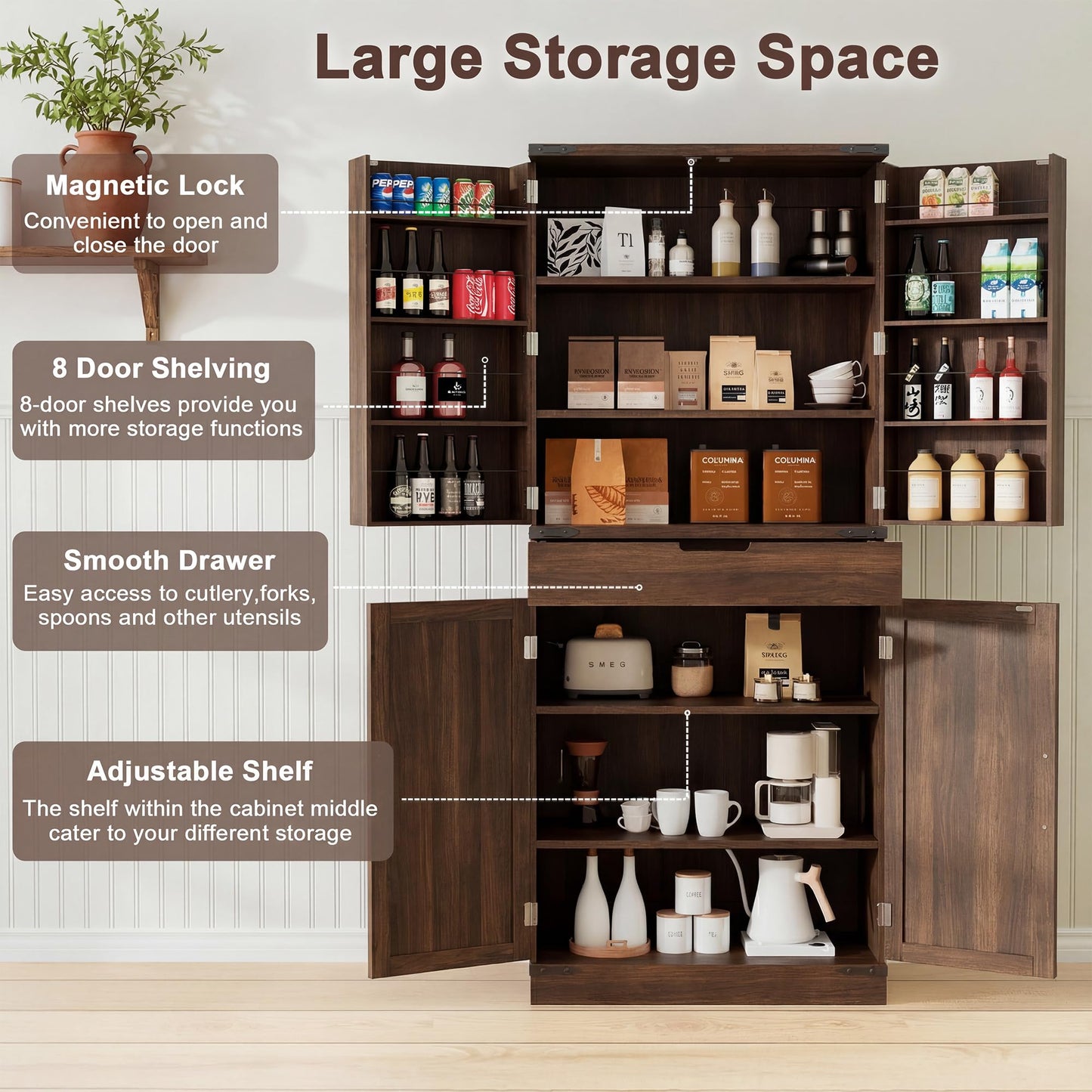 GRUSIGN 72" Kitchen Pantry Storage Cabinet with Doors and Shelves, Wood Farmhouse Pantry Storage with Barn Doors for Kitchen, Dining Room, Living Room, Dark Brown