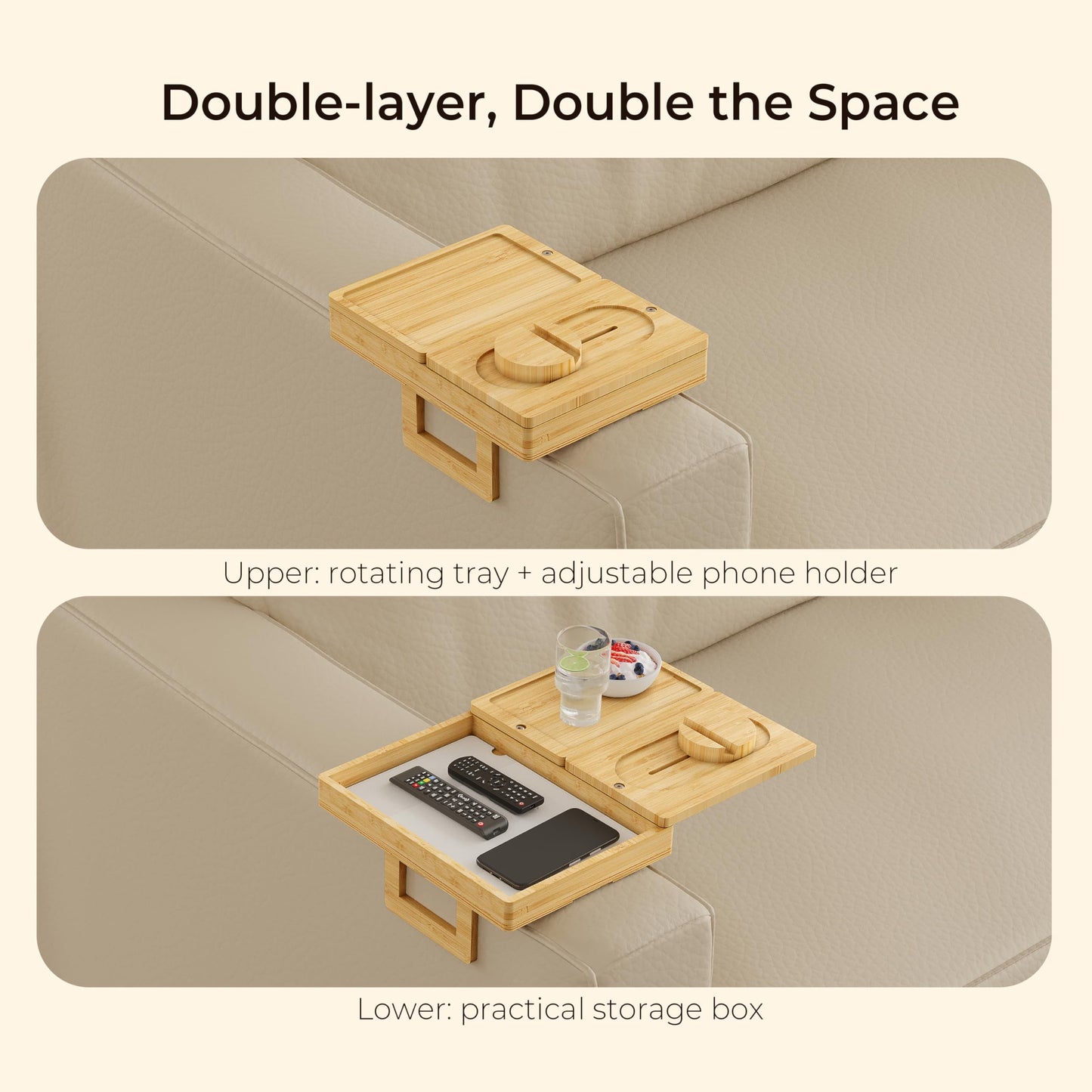 Wealone Bamboo Couch Arm Tray with 2 Rotatable Tray, Adjustable Sofa Arm Clip Table with Storage Box & 360° Phone Holder, Couch Armrest Table for Snacks, Drinks or Dining