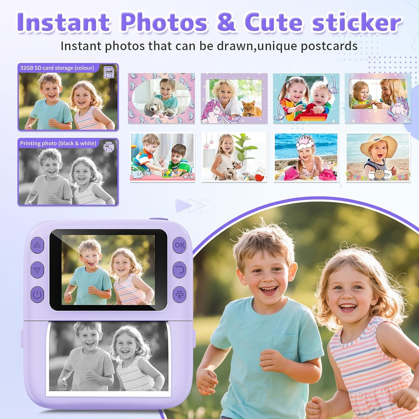 Yusuuo 1080P 4 5 6 7 8 9 10 32GB Instant Print Camera for Kids, Christmas Birthday Gifts for Girls Boys, Instant