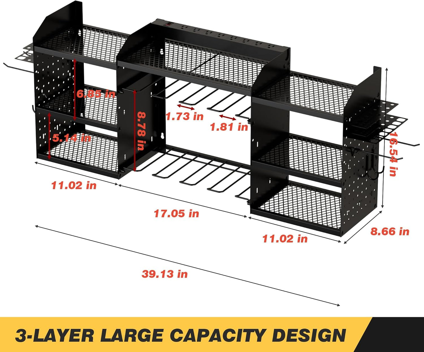 Power Tool Organizer - Heavy-Duty Wall Mount Storage Rack with Charging Station & 8 Outlet Power Strip | 51 Inch 3 Tier Design