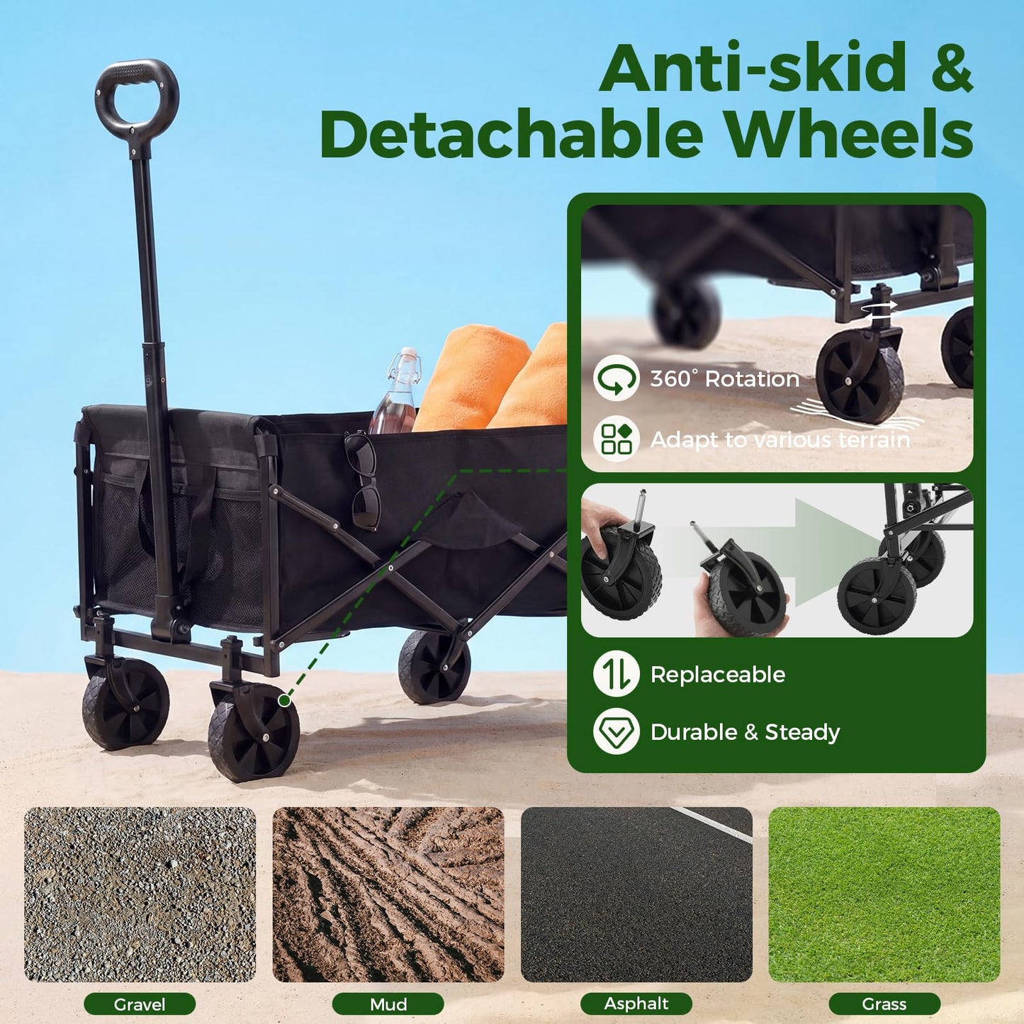 DUMOS Collapsible Wagon Cart, Heavy Duty Foldable Utility Wagon with Wheels – 220 lbs Capacity, Flexible Handle for Beach, Garden, Sports, Grocery & Camping, Black
