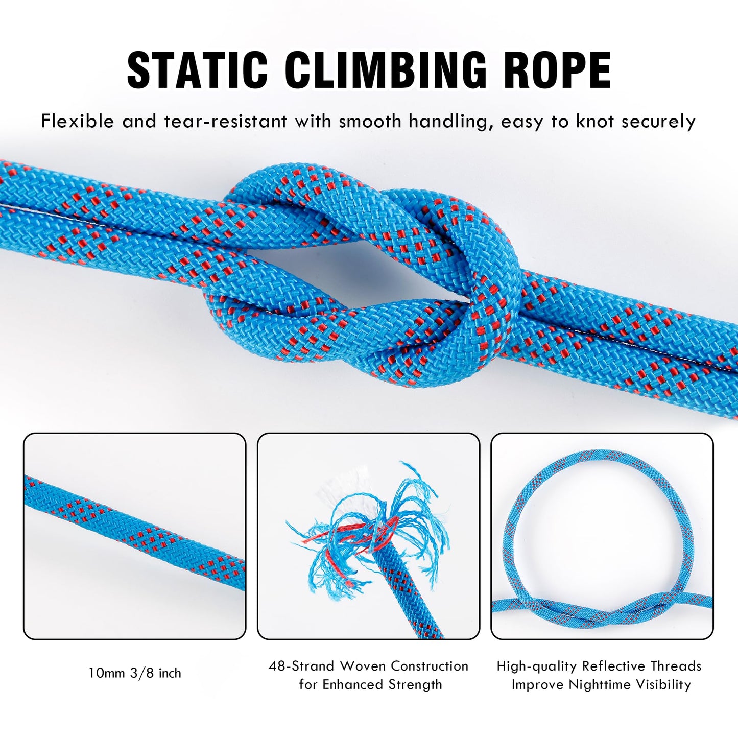 Hopeseily Static Rock Climbing Rope, 10mm x 64FT Arborist Rope with 2 Heavy Duty Carabiners, Rappelling Rope for Outdoor Hiking Camping Tree Work Caving Fire Rescue Safety Escape Parachute