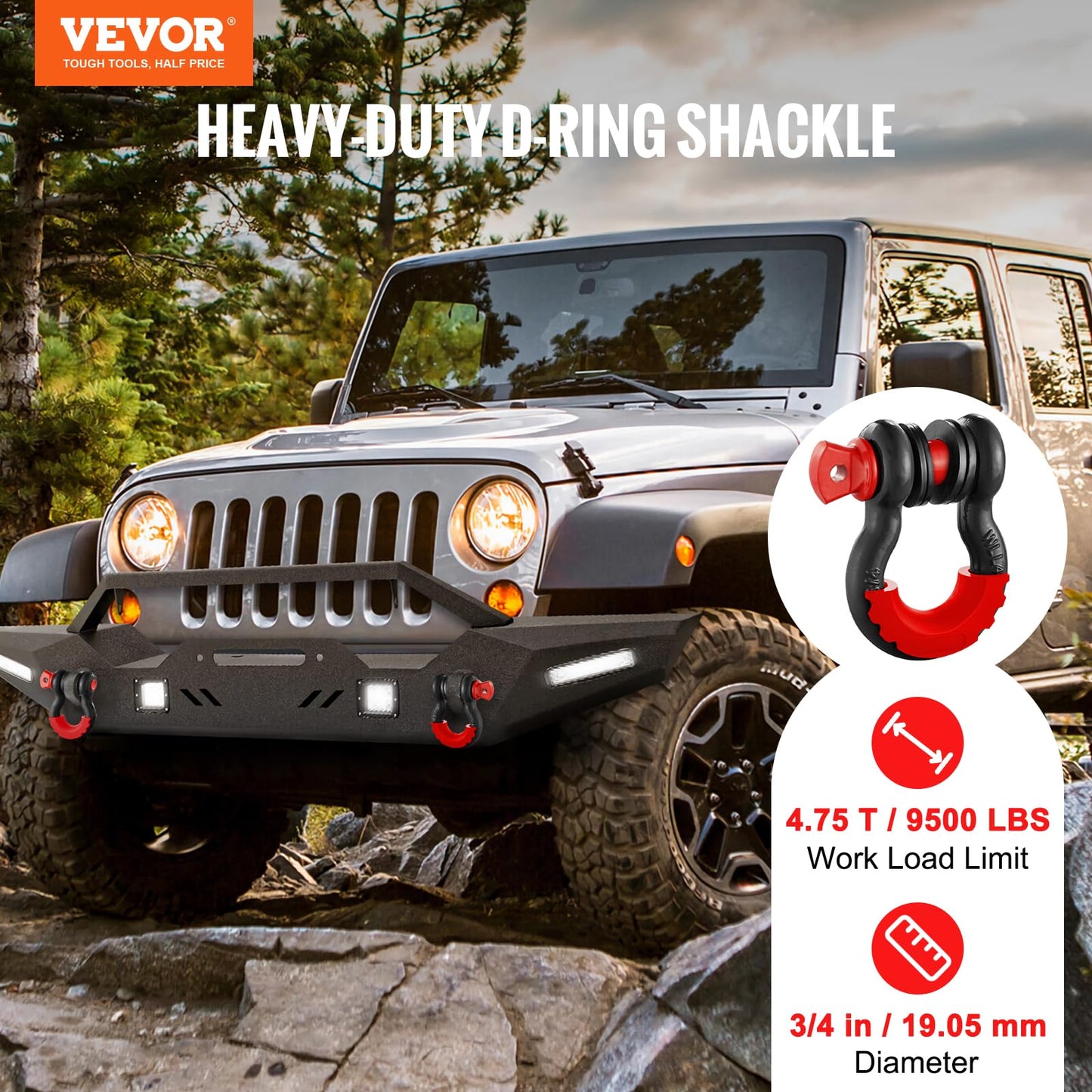VEVOR 3/4" D Ring Shackle, Black Shackles for Truck with 7/8” Screw Pin 62832 lbs (28.5 Ton) Break Strength Red Isolator Washers Kit, Winch Towing Shackle for Truck Jeep Heavy Duty Off Road Recovery