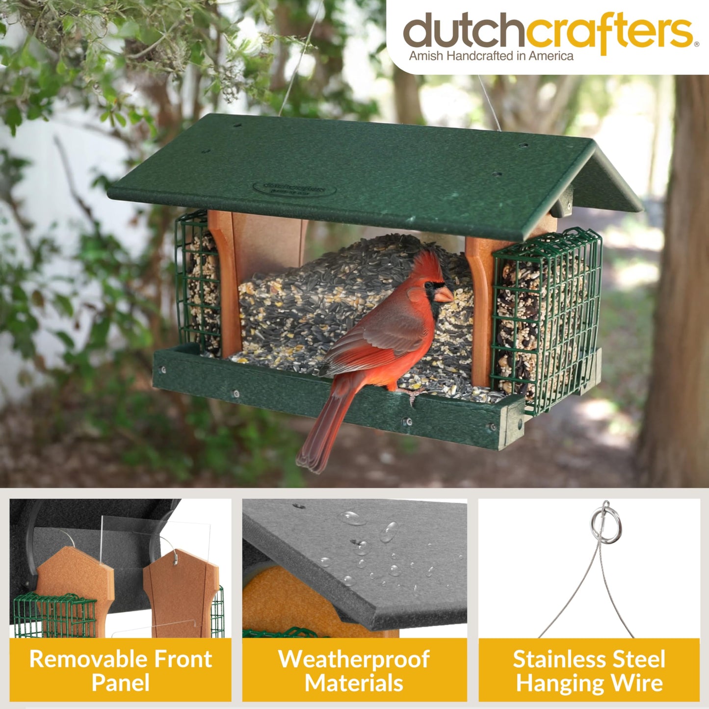 DutchCrafters Poly Hanging Large Hopper Bird Feeder with Two Suet Cake Holder Cages, Durable Long Lasting Outdoor Bird Feeder - Amish American Made in USA (Black & Cedar)