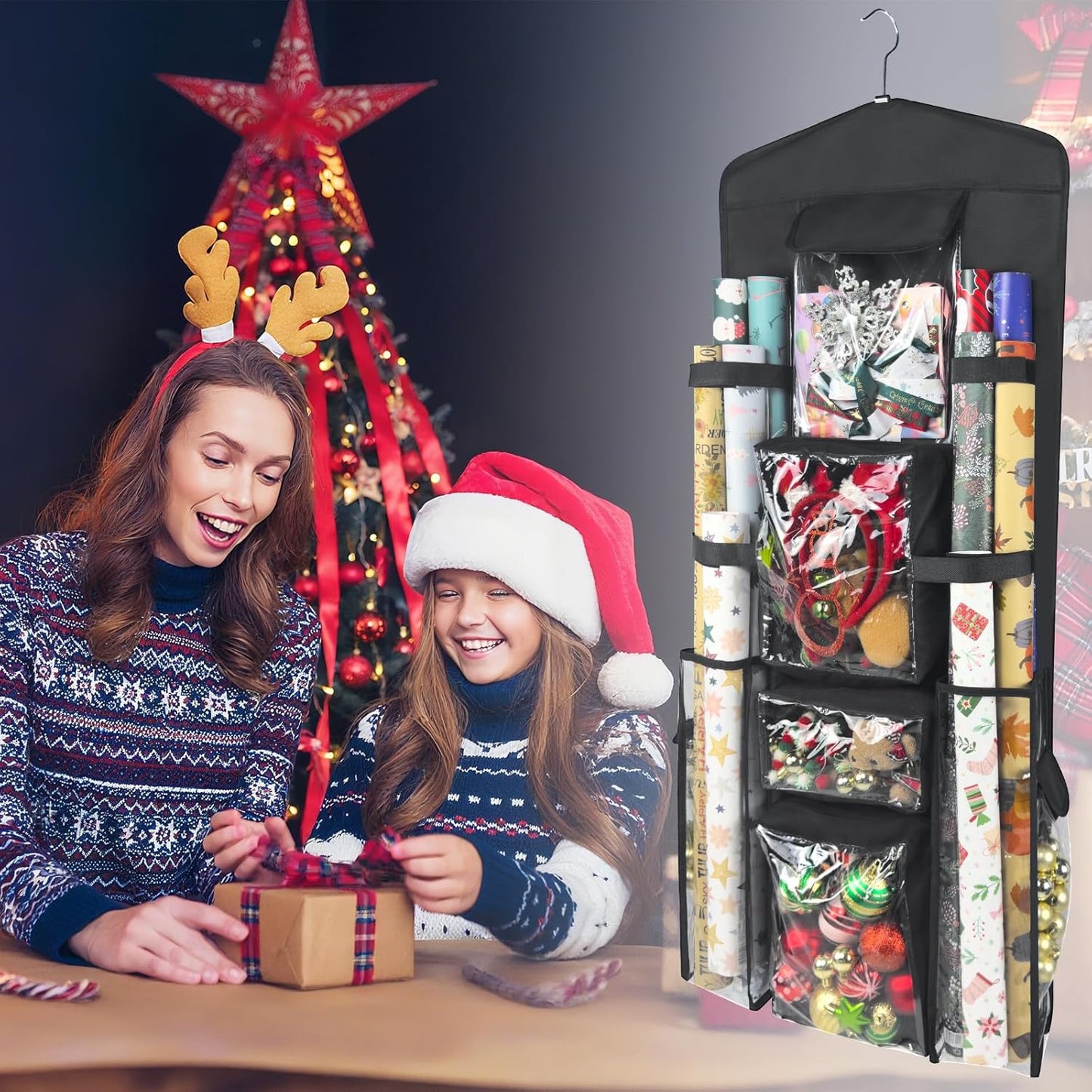 Wrapping Paper Organizer - Double-Sided Hanging Gift Wrap Storage with Pockets & Straps | Black