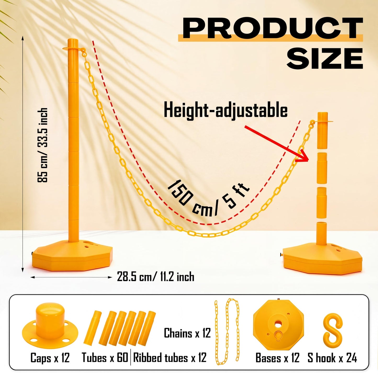 Geiserailie 12 Pack 12 Pack Traffic Barrier Posts 5ft Chains 34" Crowd Control Stanchions Parking Cone Plastic Stanchion Detachable Warning Bollard for Parking Lot Events & Construction Areas (Yellow)