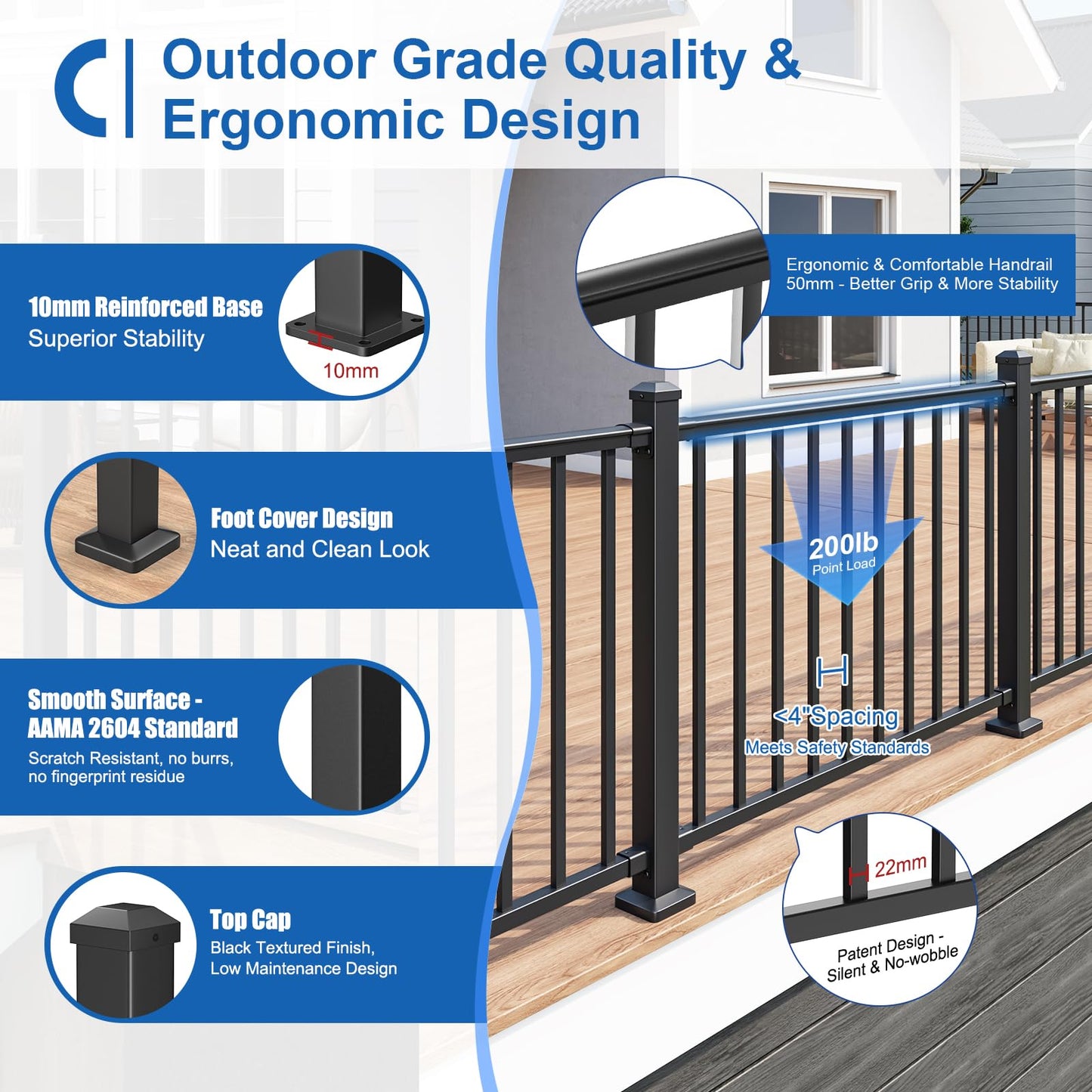 CKE 36 in. H x 6 ft. W Porch and Deck Railing Kit with Post, Aluminum Railing Kit, AAMA 2604 Black Textured Powder-Coat Finish Railing System for Outdoor Decks, Porches & Balconies(1 Post, 1 Panel)