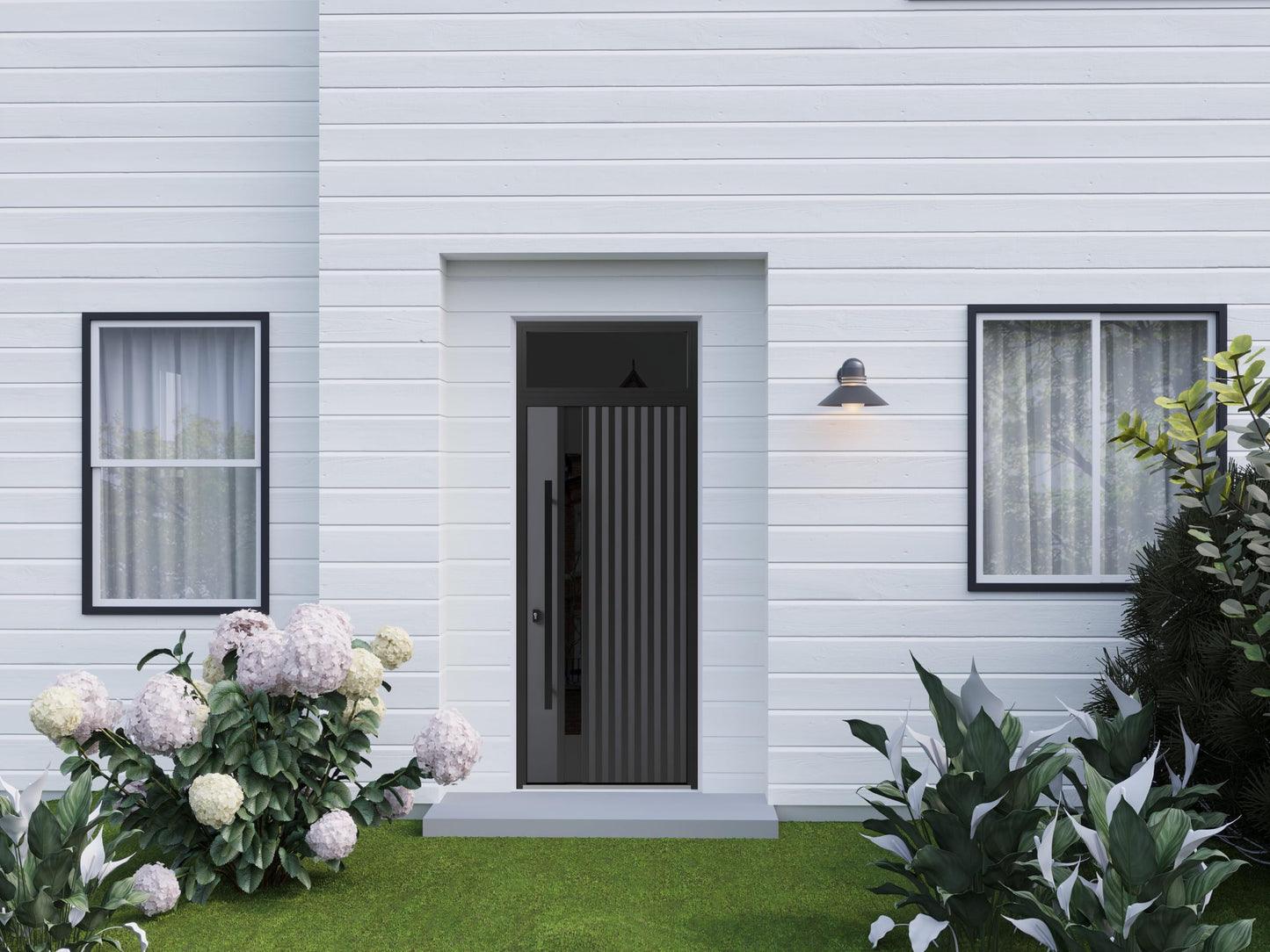VDOMDOORS Front Exterior Prehung Steel Door/Ronex 0144 Grey/Top Exterior Window Sidelite/Entry Metal Modern Painted W36 x H80+16" Right Hand Inswing
