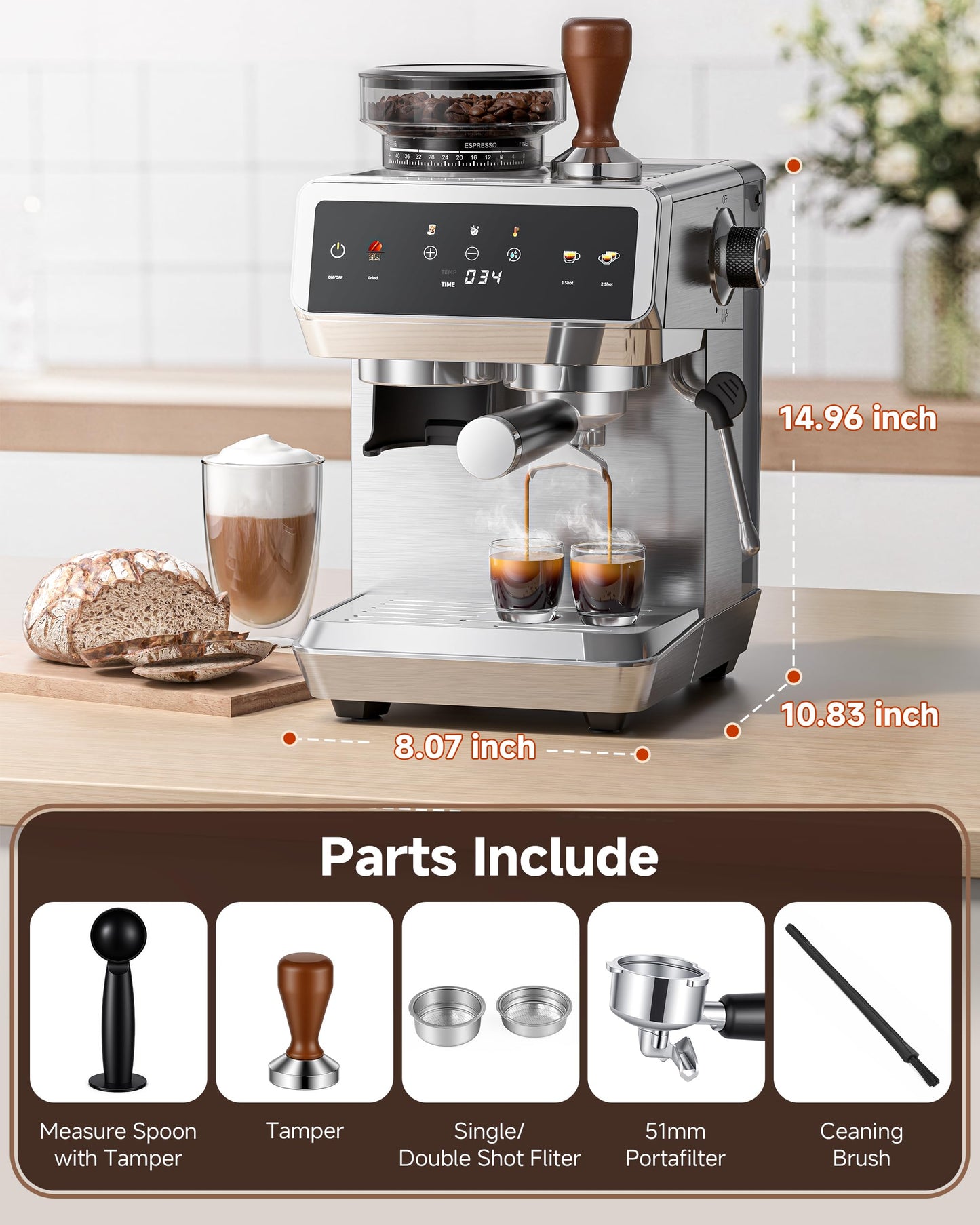 AMZCHEF Espresso Machine With Grinder, 44 Grind Settings 20 Bar Coffee Machine