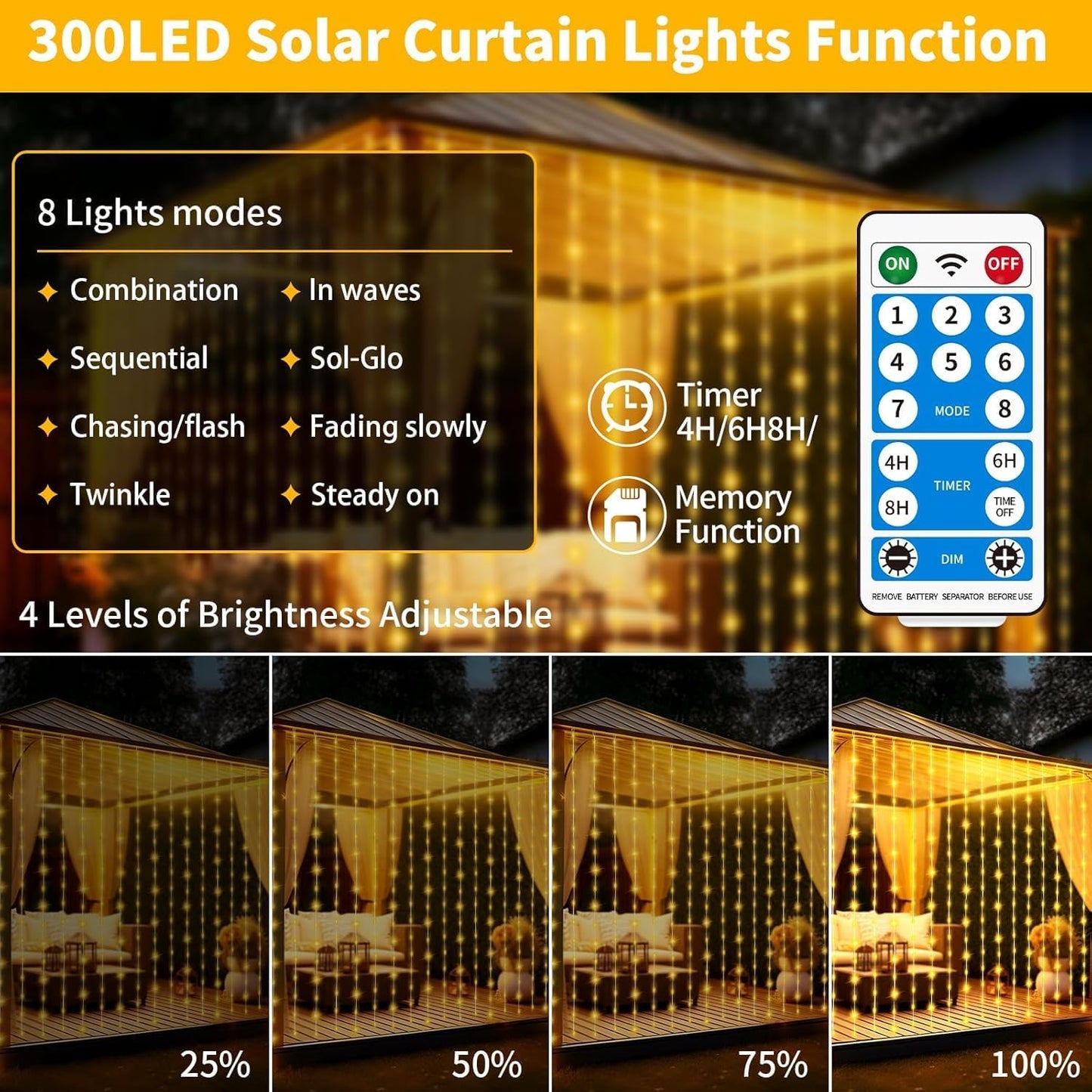 Skiennix Solar Curtain Lights - Waterproof 10x10 Ft 300 LED Twinkle Fairy Lights | 8 Modes, Remote Control, Rechargeable for Outdoor Events